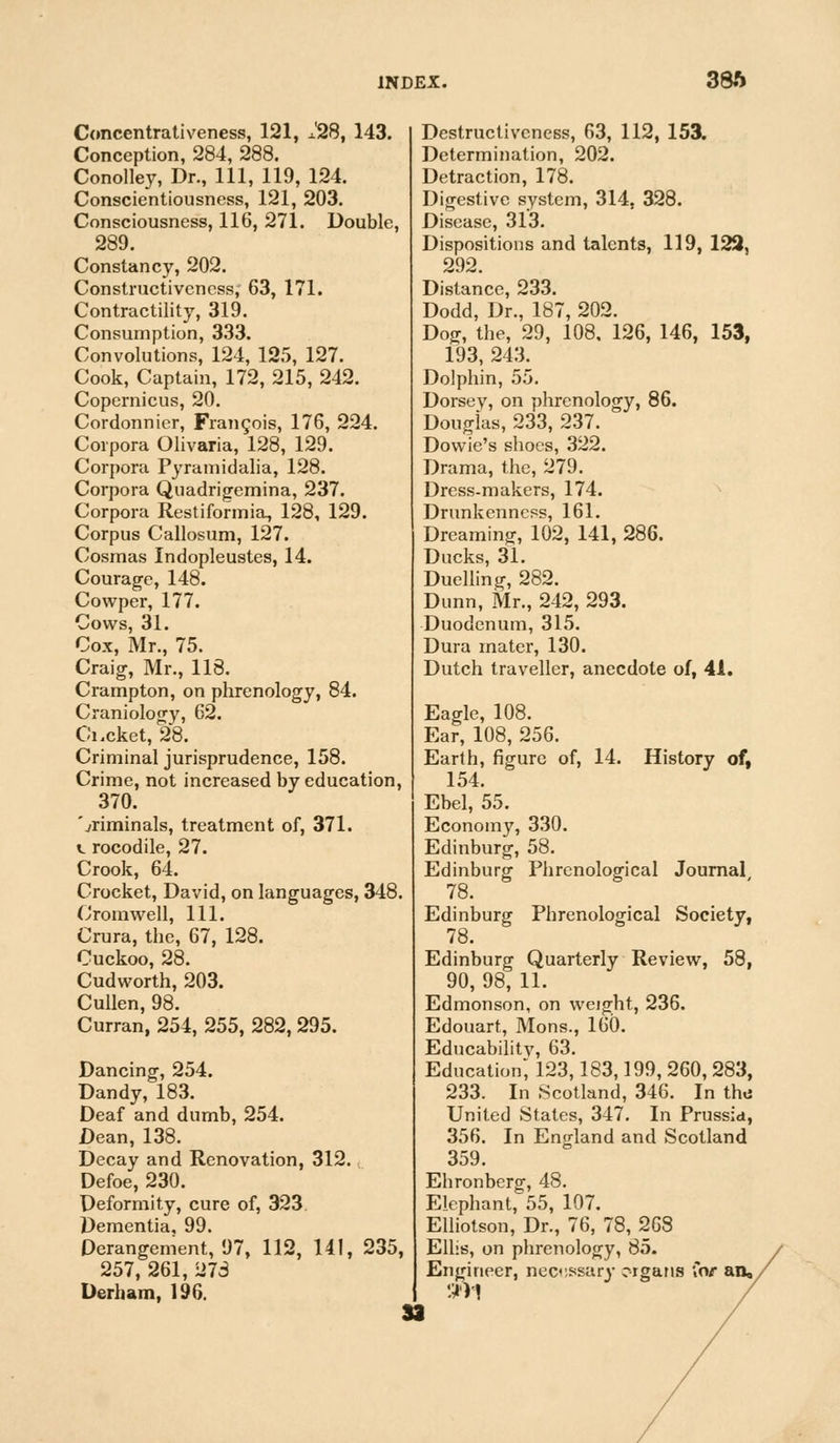 Concentrativeness, 121, J28, 143. Conception, 284, 288. Conolley, Dr., Ill, 119, 124. Conscientiousness, 121, 203. Consciousness, 116, 271. Double, 289. Constancy, 202. Constructivencss, 63, 171. Contractility, 319. Consumption, 333. Convolutions, 124, 125, 127. Cook, Captain, 172, 215, 242. Copernicus, 20. Cordonnier, Francois, 176, 224. Corpora Olivaria, 128, 129. Corpora Pyramidalia, 128. Corpora Quadrigemina, 237. Corpora Restiformia, 128, 129. Corpus Callosum, 127. Cosmas Indopleustes, 14. Courage, 148. Cowper, 177. Cows, 31. Cox, Mr., 75. Craig, Mr., 118. Crampton, on phrenology, 84. Craniology, 62. Ci.cket, 28. Criminal jurisprudence, 158. Crime, not increased by education, 370. 'vriminals, treatment of, 371. t rocodile, 27. Crook, 64. Crocket, David, on languages, 348. Cromwell, 111. Crura, the, 67, 128. Cuckoo, 28. Cudworth, 203. Cullen, 98. Curran, 254, 255, 282, 295. Dancing, 254. Dandy, 183. Deaf and dumb, 254. Dean, 138. Decay and Renovation, 312. Defoe, 230. Deformity, cure of, 323 Dementia, 99. Derangement, 97, 112, 141, 235, 257, 261, 278 Derham, 196. Destructivcness, 63, 112, 153. Determination, 202. Detraction, 178. Digestive system, 314, 328. Disease, 313. Dispositions and talents, 119, 129, 292. Distance, 233. Dodd, Dr., 187, 202. Dog, the, 29, 108, 126, 146, 153, 193, 243. Dolphin, 55. Dorsey, on phrenology, 86. Douglas, 233, 237. Dowie's shoes, 322. Drama, the, 279. Dress-makers, 174. Drunkenness, 161. Dreaming, 102, 141, 286. Ducks, 31. Duelling, 282. Dunn, Mr., 242, 293. Duodenum, 315. Dura mater, 130. Dutch traveller, anecdote of, 41. Eagle, 108. Ear, 108, 256. Earth, figure of, 14. History of, 154. Ebel, 55. Economy, 330. Edinburg, 58. Edinburg Phrenological Journal 78. Edinburg Phrenological Society, 78. Edinburg Quarterly Review, 58, 90, 98, 11. Edmonson, on weight, 236. Edouart, Mons., 160. Educabilitv, 63. Education; 123,183,199, 260,283, 233. In Scotland, 346. In the United States, 347. In Prussia, 356. In England and Scotland 359. Ehronberg, 48. Elephant, 55, 107. Elliotson, Dr., 76, 78, 268 Ellis, on phrenology, 85. Engineer, necessary crgans Cor an, Sfl1