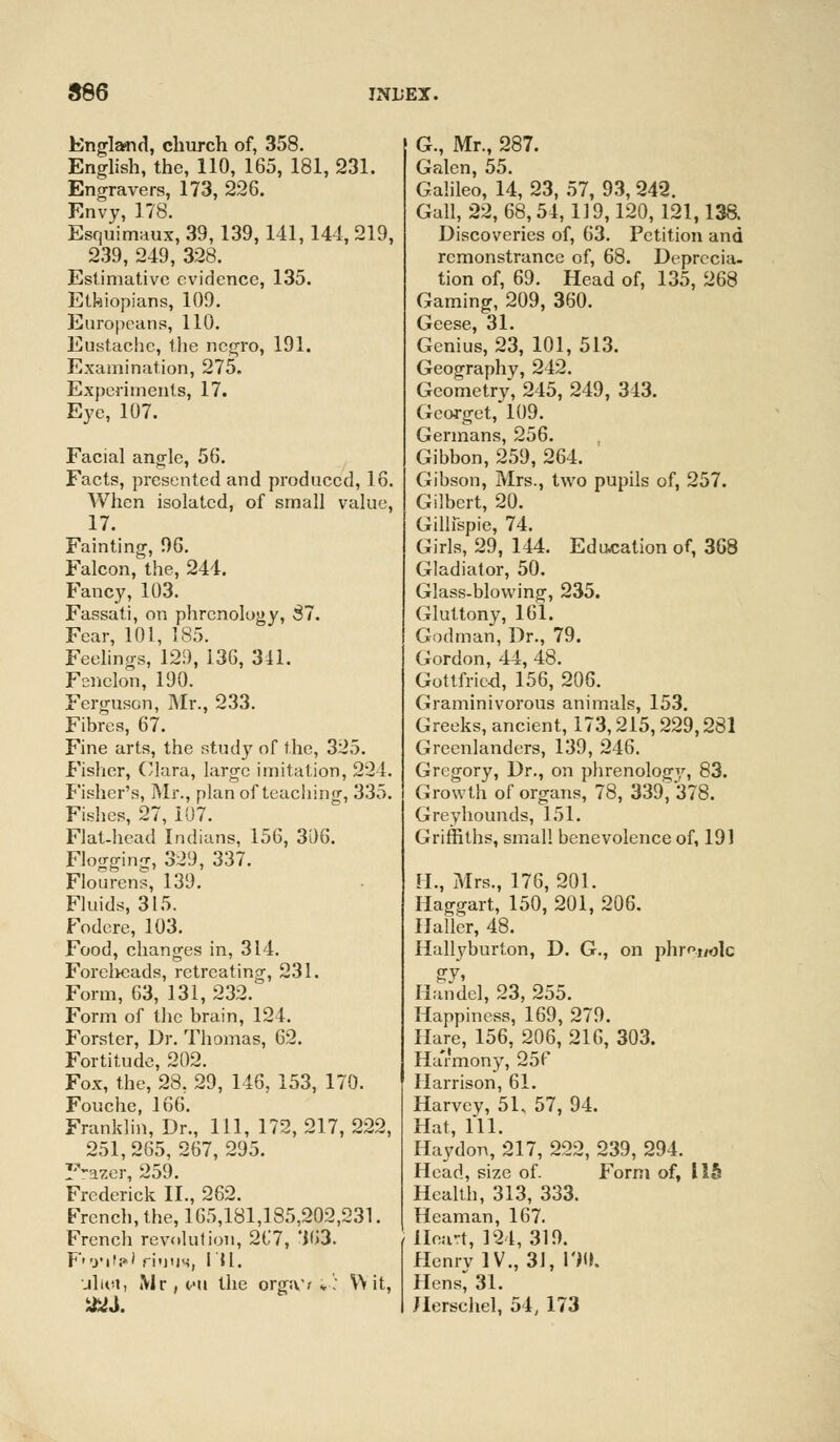 England, church of, 358. English, the, 110, 165, 181, 231. Engravers, 173, 226. Envy, 178. Esquimaux, 39,139,141,144,219, 239, 249, 328. Estimative evidence, 135. Etkiopians, 109. Europeans, 110. Eustache, the negro, 191. Examination, 275. Experiments, 17. Eye, 107. Facial angle, 56. Facts, presented and produced, 16. When isolated, of small value, 17. Fainting, 96. Falcon, the, 244. Fancy, 103. Fassati, on phrenology, 37. Fear, 101, 185. Feelings, 129, 136, 341. Fenclon, 190. Ferguson, Mr., 233. Fibres, 67. Fine arts, the study of the, 325. Fisher, Clara, large imitation, 224. Fisher's, Mr., plan of teaching, 335. Fishes, 27, 107. Flat-head Indians, 156, 306. Flogging, 329, 337. Flourens, 139. Fluids, 315. Fodere, 103. Food, changes in, 314. Foreheads, retreating, 231. Form, 63, 131, 232. Form of the brain, 124. Forster, Dr. Thomas, 62. Fortitude, 202. Fox, the, 28, 29, 146, 153, 170. Fouche, 166. Franklin, Dr., Ill, 172, 217, 222, 251, 265, 267, 295. grazer, 259. Frederick II., 262. French, the, 165,181,185,202,231. French revolution, 2C7, 363. F-ri'j*' rioNs, 141. jhei, Mr, t»u the orga'> *: Wit, G., Mr., 287. Galen, 55. Galileo, 14, 23, 57, 93, 242. Gall, 22, 68,54,119,120, 121,138. Discoveries of, 63. Petition and remonstrance of, 68. Deprecia- tion of, 69. Head of, 135, 268 Gaming, 209, 360. Geese, 31. Genius, 23, 101, 513. Geography, 242. Geometry, 245, 249, 343. Georget/109. Germans, 256. Gibbon, 259, 264. Gibson, Mrs., two pupils of, 257. Gilbert, 20. Gillfspie, 74. Girls, 29, 144. Education of, 368 Gladiator, 50. Glass-blowing, 235. Gluttony, 161. Godman, Dr., 79. Gordon, 44, 48. Gottfried, 156, 206. Graminivorous animals, 153. Greeks, ancient, 173,215,229,281 Greenlanders, 139, 246. Gregory, Dr., on phrenologi', 83. Growth of organs, 78, 339, 378. Greyhounds, 151. Griffiths, small benevolence of, 191 H., Mrs., 176, 201. Haggart, 150, 201, 206. Haller, 48. Hallyburton, D. G., on pinhole Handel, 23, 255. Happiness, 169, 279. Hare, 156, 206, 216, 303. Ha'rmony, 25f Harrison, 61. Harvey, 51, 57, 94. Hat, 111. Haydon, 217, 222, 239, 294. Head, size of. Form of, 115 Health, 313, 333. Heaman, 167. llea-t, 124,319. HenrvlV., 31, HO. Hens^ 31. Hersehel, 54, 173