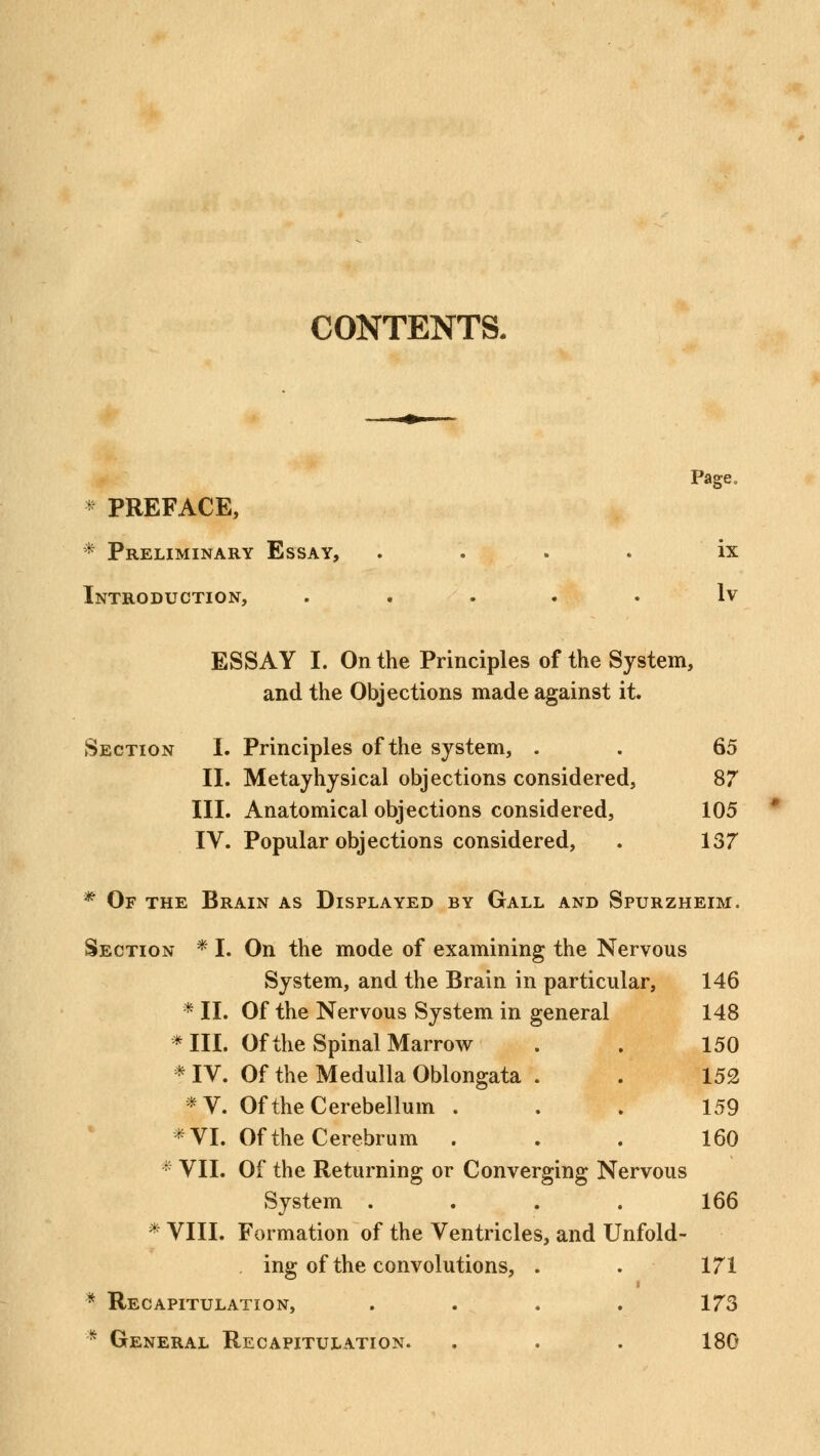 CONTENTS. Page, * PREFACE, * Preliminary Essay, .... ix Introduction, ..... lv ESSAY I. On the Principles of the System, and the Objections made against it. Section I. Principles of the system, . . 65 II. Metayhysical objections considered, 87 III. Anatomical objections considered, 105 IV. Popular objections considered, . 137 * Of the Brain as Displayed by Gall and Spurzheim. Section * I. On the mode of examining the Nervous System, and the Brain in particular, 146 * II. Of the Nervous System in general 148 * III. Of the Spinal Marrow . . 150 * IV. Of the Medulla Oblongata . . 152 *V. Of the Cerebellum ... 159 * VI. Of the Cerebrum ... 160 * VII. Of the Returning or Converging Nervous System . . . . 166 * VIII. Formation of the Ventricles, and Unfold- . ing of the convolutions, . . 171 * Recapitulation, . . . . 173 * General Recapitulation. . . . 180