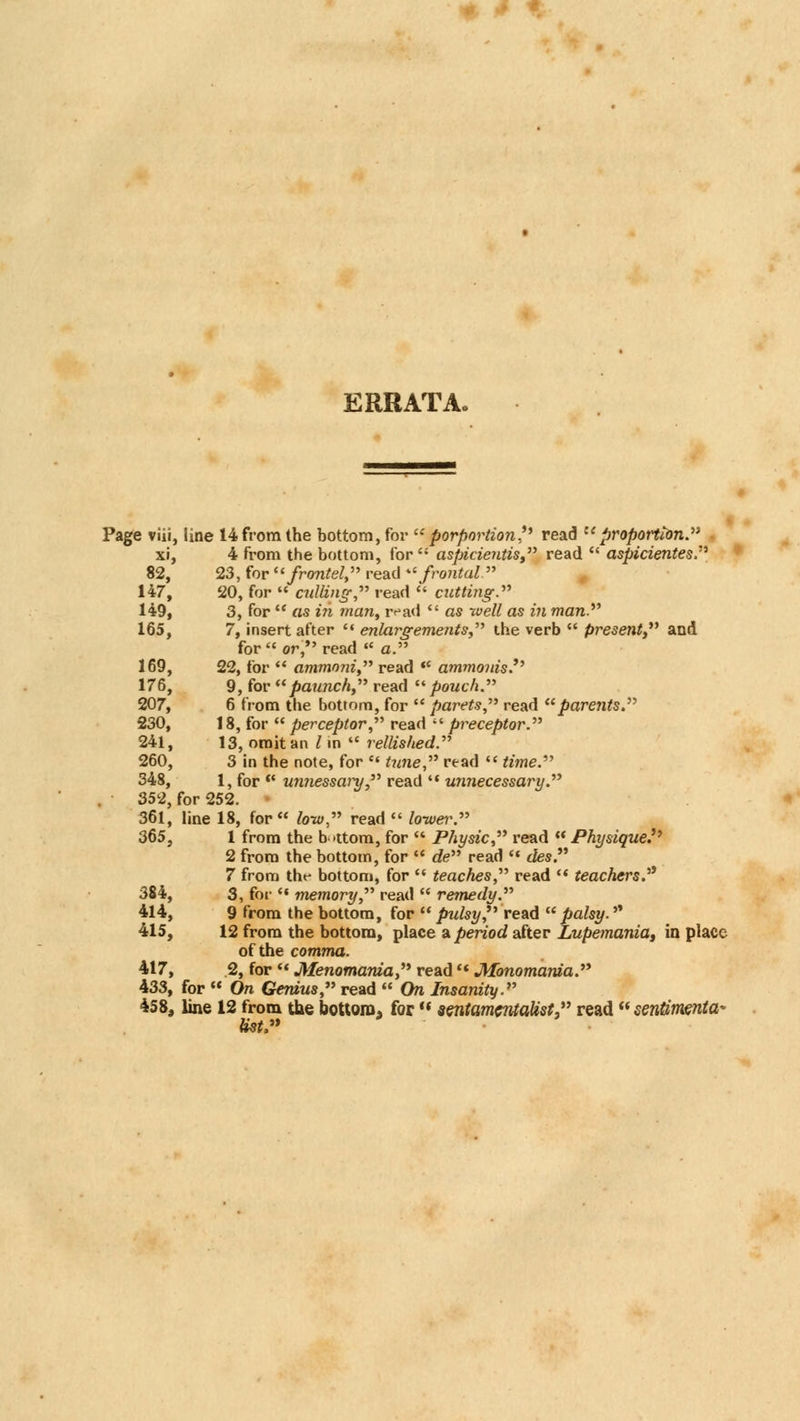 ERRATA. Page viii, line 14 from the bottom, for  porportion. read :: proportion. xi, 4 from the bottom, for aspicientis, read  aspicientes. 82, 23, for frontel, read frontal 147, 20, for  culling, read  cutting. 149, 3, for  «s in ?«an, read  as well as in man. 165, 7, insert after  enlargements, the verb  present and for  or, read  a. 169, 22, for  ammoni, read  ammonis 176, 9, for paunch, read  pouch. 207, 6 from the bottom, for  parets, read parents. 230, 18, for  perceptor, read  preceptor. 241, 13, omit an / in «« rellished. 260, 3 in the note, for  tune, read  time. 348, 1, for  winessary, read  unnecessary. 352, for 252. 361, line 18, for tow, read lo-wer. 365, 1 from the bottom, for  Physic, read  Physique. 2 from the bottom, for  de read  des. 7 from thr bottom, for  teaches, read  teachers. 384, 3, for  memory, read  remedy. 414, 9 from the bottom, for  pulsy?' read  palsy. * 415, 12 from the bottom, place a period after Lupe?naniat in place of the comma. 417, 2, for  Menomania, read'«Monomania. 433, for  On Genius, read  On Insanity. 458, line 12 from the bottom, forH sentamentaUst, read  sentimenta- list