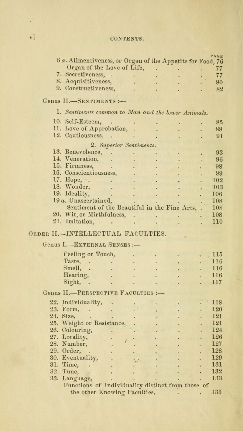 PAGE 6 a. Alimentiveness, or Organ of the Appetite for Food, 76 Organ of the Love of Life, . . .77 7. Secretiveness, . . . . .77 8. Acquisitiveness, . . . .80 9. Constructiveness, . . . .82 Genus II.—Sentiments :— 1. Sentiments common to Man and the lower Animals. 10. Self-Esteem, ..... 85 Love of Approbatioo, Cautiousness, . 2. Superior Sentiments. 13. Benevolence, 14. Veneration, 15. Firmness, 16. Conscientiousness, 17. Hope, . 18. Wonder, 19. Ideality, 19 a. Unascertained, Sentiment of the Beautiful in the Fine Arts. 20. Wit, or Mirthfulness, . 21. Imitation, Order II.—INTELLECTUAL FACULTIES. Genus I.—External Senses Feeling or Touch, Taste, . Smell, Hearing, Sight, . Genus II.—Perspective Faculties 22. Individuality, 23. Form, . 24. Size, 25. Weight or Resistance, 26. Colouring, 27. Locality, 28. Number, 29. Order, . 30. Eventuality, . 31. Time, . 32. Tune, . 33. Language, Functions of Individuality distinct from those of the other Knowing Faculties, 91 93 96 98 99 102 103 106 108 108 108 110 115 116 116 116 117 118 120 121 121 124 126 127 128 129 131 132 133 135
