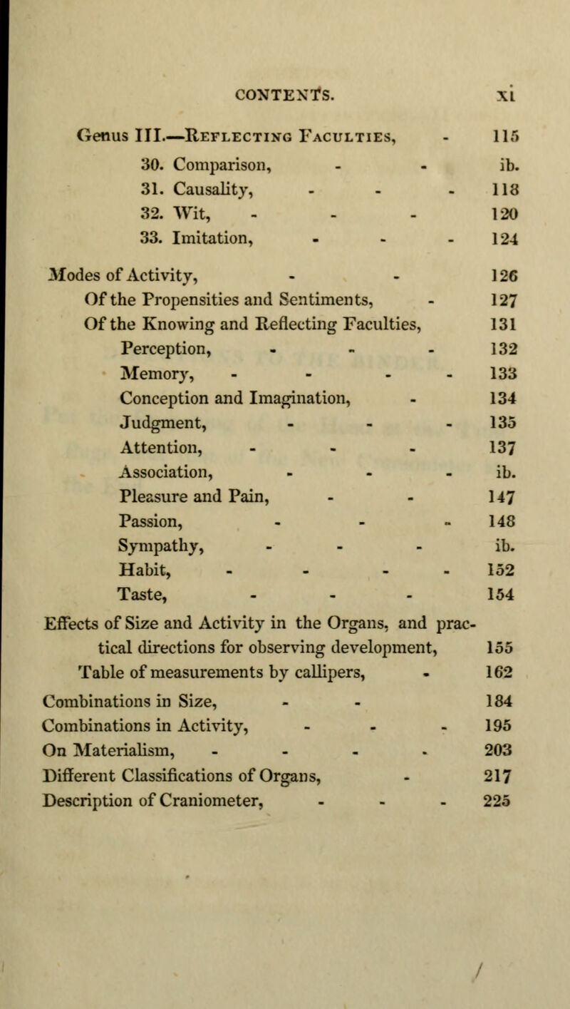 Genus III.—Reflecting Faculties, 115 30. Comparison, ib. 31. Causality, ... 113 32. Wit, 120 33. Imitation, - 124 Modes of Activity, 126 Of the Propensities and Sentiments, 127 Of the Knowing and Reflecting Faculties, 131 Perception, ... 132 Memory, - - 133 Conception and Imagination, 134 Judgment, - 135 Attention, - 137 Association, - ib. Pleasure and Pain, 147 Passion, - 148 Sympathy, ... ib. Habit, - - 152 Taste, 154 Effects of Size and Activity in the Organs, and prac- tical directions for observing development, 155 Table of measurements by callipers, 162 Combinations in Size, 184 Combinations in Activity, - 195 On Materialism, .... 203 Different Classifications of Organs, 217 Description of Craniometer, 225