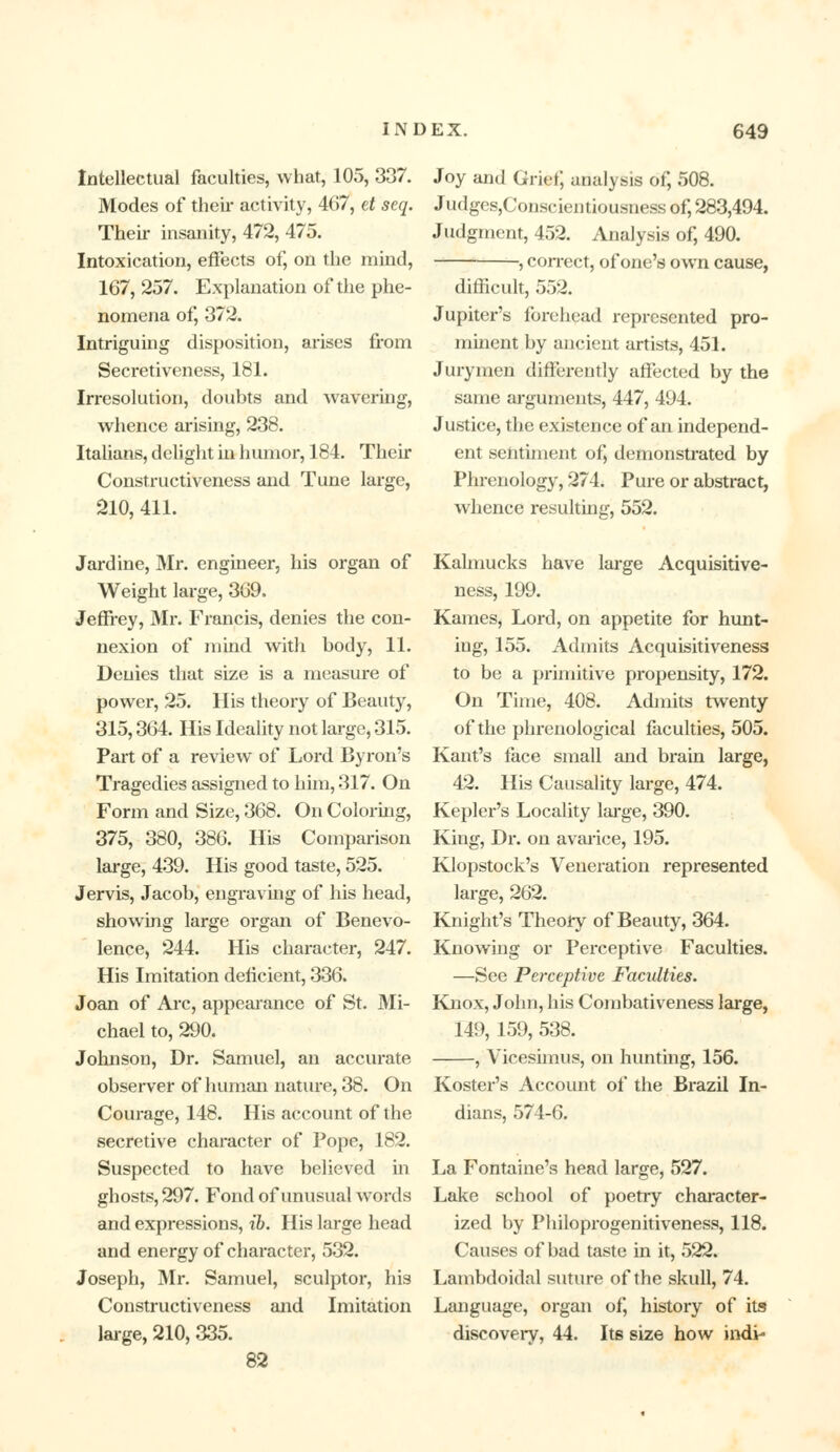 Intellectual faculties, what, 105, 337. Modes of their activity, 467, et seq. Their insanity, 472, 475. Intoxication, effects of, on the mind, 167, 257. Explanation of the phe- nomena of, 372. Intriguing disposition, arises from Secretiveness, 181. Irresolution, doubts and wavering, whence arising, 238. Italians, delight in humor, 184. Their Constructiveness and Tune large, 210, 411. Jardine, Mr. engineer, his organ of Weight large, 369. Jeffrey, Mr. Francis, denies the con- nexion of mind with body, 11. Denies that size is a measure of power, 25. His theory of Beauty, 315,364. His Ideality not large, 315. Part of a review of Lord Byron's Tragedies assigned to him, 317. On Form and Size, 368. On Coloring, 375, 380, 386. His Comparison large, 439. His good taste, 525. Jervis, Jacob, engraving of his head, showing large organ of Benevo- lence, 244. His character, 247. His Imitation deficient, 336. Joan of Arc, appearance of St. Mi- chael to, 290. Johnson, Dr. Samuel, an accurate observer of human nature, 38. On Courage, 148. His account of the secretive character of Pope, 182. Suspected to have believed in ghosts, 297. Fond of unusual words and expressions, ib. His large head and energy of character, 532. Joseph, Mr. Samuel, sculptor, his Constructiveness and Imitation large, 210, 335. 82 Joy and Grief, analysis of, 508. Judges,Conscientiousness of, 283,494. Judgment, 452. Analysis of, 490. , correct, of one's own cause, difficult, 552. Jupiter's forehead represented pro- minent by ancient artists, 451. Jurymen differently affected by the same arguments, 447, 494. Justice, the existence of an independ- ent sentiment of, demonstrated by Phrenology, 274. Pure or abstract, whence resulting, 552. Kalmucks have large Acquisitive- ness, 199. Karnes, Lord, on appetite for hunt- iug, 155. Admits Acquisitiveness to be a primitive propensity, 172. On Time, 408. Admits twenty of the phrenological faculties, 505. Kant's face small and brain large, 42. His Causality large, 474. Kepler's Locality large, 390. King, Dr. on avarice, 195. Klopstock's Veneration represented large, 262. Knight's Theory of Beauty, 364. Knowing or Perceptive Faculties. —See Perceptive Faculties. Knox, John, his Combativeness large, 149,159, 538. , Vicesimus, on hunting, 156. Koster's Account of the Brazil In- dians, 574-6. La Fontaine's head large, 527. Lake school of poetry character- ized by Philoprogenitiveness, 118. Causes of bad taste in it, 522. Lambdoidal suture of the skull, 74. Language, organ of, history of its discoveiy, 44. Its size how indi-