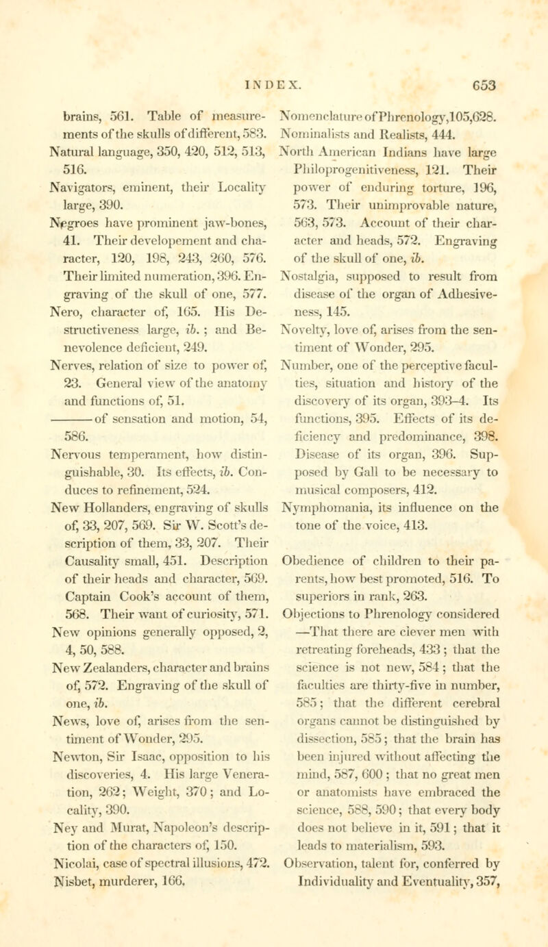 brains, 561. Table of measure- ments of the skulls of different, 583. Natural language, 350, 420, 512, 513, 516. Navigators, eminent, their Locality large, 390. Negroes have prominent jaw-bones, 41. Their developcmcnt and cha- racter, 120, 198, 243, 260, 576. Their limited numeration, 396. En- graving of the skull of one, 577. Nero, character of, 165. His De- structiveness large, ib. ; and Be- nevolence deficient, 249. Nerves, relation of size to power of, 23. Genera] view of the anatomy and functions of, 51. of sensation and motion, 54, 586. Nervous temperament, how distin- guishable, 30. Its effects, ib. Con- duces to refinement, 524. New Hollanders, engraving of skulls of, 33, 207, 569. Sir W. Scott's de- scription of them, 33, 207. Their Causality small, 451. Description of their heads and character, 569. Captain Cook's account of them, 568. Their want of curiosity, 57.1. New opinions generally opposed, 2, 4, 50, 588. New Zealanders, character and brains of, 572. Engraving of the skull of one, ib. News, love of, arises from the sen- timent of Wonder, 295. Newton, Sir Isaac, opposition to his discoveries, 4. His large Venera- tion, 262; Weight, 370; and Lo- cality, 390. Ney and Murat, Napoleon's descrip- tion of the characters of, 150. Nicolai, case of spectral illusions, 472. Nisbet, murderer, 166. Nomenclature ofPhrenology,105,628. Nominalists and Realists, 444. North American Indians have large Philoprogenitiveness, 121. Their power of enduring torture, 196, 573. Their unimprovable nature, 563, 573. Account of their char- acter and heads, 572. Engraving of the skull of one, ib. Nostalgia, supposed to result from disease of the organ of Adhesive- ness, 145. Novelty, love of, arises from the sen- timent of Wonder, 295. Number, one of the perceptive facul- ties, situation and history of the discovery of its organ, 393-4. Its functions, 395. Effects of its de- ficiency and predominance, 398. Disease of its organ, 396. Sup- posed by Gall to be necessary to musical composers, 412. Nymphomania, its influence on the tone of the voice, 413. Obedience of children to their pa- rents, how best promoted, 516. To superiors in rank, 263. Objections to Phrenology considered —That there are clever men with retreating foreheads, 433 ; that the science is not new, 584; that the faculties are thirty-five in number, 585; that the different cerebral organs cannot be distinguished by dissection, 585; that the brain has been injured without affecting the mind, 587, 600 ; that no great men or anatomists have embraced the science, 588, 590; that every body does not believe in it, 591; that it leads to materialism, 593. Observation, talent for, conferred by Individuality and Eventuality, 357,