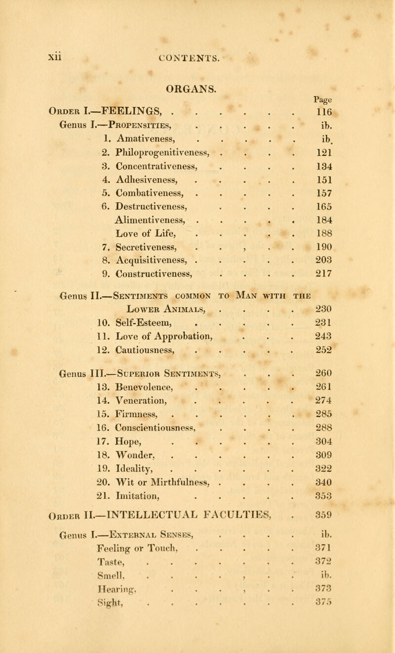 ORGANS. Page Order I—FEELINGS, 116 Genus I.—Propensities, .... ib. 1. Amativeness, .... ib. 2. Philoprogenitiveness, . 121 3. Concentrativeness, 134 4. Adhesiveness, .... 151 5. Combativeness, .... 157 6. Destructiveness, 165 AHmentiveness, .... 184 Love of Life, .... 188 7, Secretiveness, , 190 8. Acquisitiveness, .... 203 9. Constructiveness, 217 Genus II.—Sentiments common to Man with THE Lower Animals, 230 10. Self-Esteem, . . . . 231 11. Love of Approbation, 243 12. Cautiousness, . . . . . 252 Genus III.—Superior Sentiments, 260 13. Benevolence, .... 261 14. Veneration, . 274 15. Firmness, ..... 285 16. Conscientiousness, 288 17. Hope, 304 18. Wonder, 309 19. Ideality, 322 20. Wit or Mirthfulness, . 340 21. Imitation, . 353 Order II.—INTELLECTUAL FACULTIES, 359 Genus I.—External Senses, ib. Feeling or Touch, .... 371 Taste, 372 Smell, ...... ib. Hearing, , 373 Sight, 37 :>