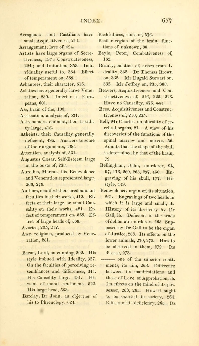 Arragoncse and Castilians have small Acquisitiveness, 211. Arrangement, love of, 424. Artists have large organs of Secre- tiveness, 197 ; Constructiveness, 224; and Imitation, 358. Indi- viduality useful to, 384. Effect of temperament on, 559. Ashantees, their character, 616. Asiatics have generally large Vene- ration, 280. Inferior to Euro, peans, 601. Ass, brain of the, 100. Association, analysis of, 531. Astronomers, eminent, their Locali- ty large, 410. Atheists, their Causality generally deficient, 485. Answers to some of their arguments, 48G. Attention, analysis of, 531. Augustus Caesar, Self-Esteem large in the busts of, 238. Aurelius, Marcus, his Benevolence and Veneration represented large, 26G, 278. Authors, manifest their predominant faculties in their works, 412. Ef- fects of their large or small Cau- sality on their works, 481. Ef- fect of temperament on, 559. Ef- fect of large heads of, 568. Avarice, 205, 212. Awe, religious, produced by Vene- ration, 281. Bacon, Lord, on cunning, 202. His style imbued with Ideality, 337. On the faculties of perceiving re- semblances and differences, 344. His Causality large, 481. His want of moral sentiment, 523. His large head, 563. Barclay, Dr John, an objection of his to Phrenology, 624. Bashfulness, cause of, 576. Basilar region of the brain, func- tions of, unknown, 80. Bayle, Peter, Combativeness of, 162. Beauty, emotion of, arises from I- deality, 332. Dr Thomas Brown on, 332. Mr Dugald Stewart on, 333. Mr Jeffrey on, 235, 388. Beavers, Acquisitiveness and Con- structiveness of, 216, 225, 228. Have no Causality, 476, note. Bees, Acquisitiveness and Construc- tiveness of, 216, 225. Bell, Mr Charles, on plurality of ce- rebral organs, 21. A view of his discoveries of the functions of the spinal marrow and nerves, 56. Admits that the shape of the skull is determined by that of the brain, 79. Belhngham, John, murderer, 94, 97, 176, 260, 265, 297, 450. En. graving of his skull, 177. His style, 449. Benevolence, organ of, its situation, 261. Engravings of two heads in which it is large and small, ib. History of its discovery by Dr Gall, ib. Deficient in the heads of deliberate murderers, 265. Sup- posed by Dr Gall to be the organ of Justice, 268. Its effects on the lower animals, 270, 273. How to be observed in them, 272. Its disease, 273. one of the superior senti- ments, its aim, 263. Difference between its manifestations and those of Love of Approbation, ib. Its effects on the mind of its pos- sessor, 263, 265. How it ought to be exerted in society, 264. Effects of its deficiencv, 265. Its