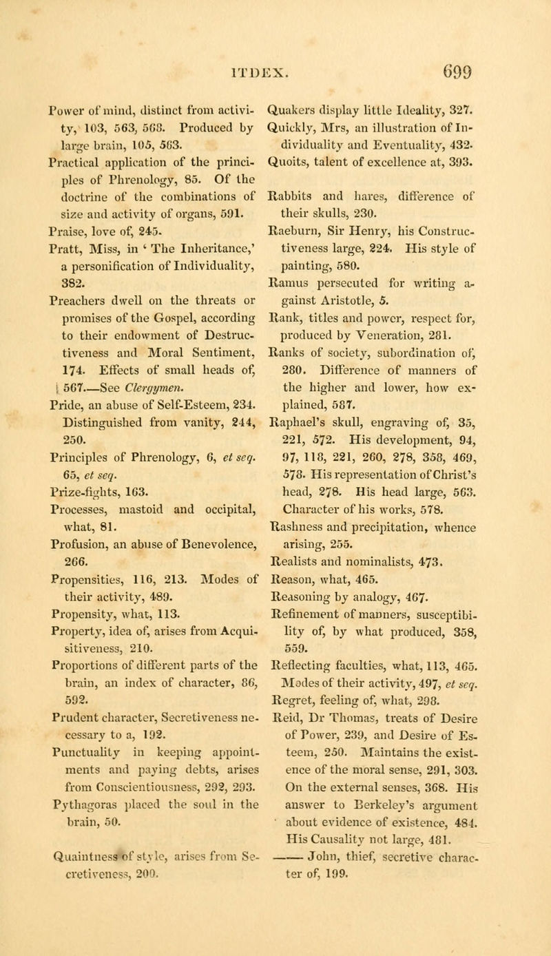 Tower of mind, distinct from activi- ty, 103, 563, 508. Produced by large brain, 105, 563. Practical application of the princi- ples of Phrenology, 85. Of the doctrine of the combinations of size and activity of organs, 591. Praise, love of, 245. Pratt, Miss, in ' The Inheritance,' a personification of Individuality, 382. Preachers dwell on the threats or promises of the Gospel, according to their endowment of Destruc- tiveness and Moral Sentiment, 174. Effects of small heads of, i 567—See Clergymen. Pride, an abuse of Self-Esteem, 234. Distinguished from vanity, 244, 250. Principles of Phrenology, 6, et seq. 65, et seq. Prize-fights, 163. Processes, mastoid and occipital, what, 81. Profusion, an abuse of Benevolence, 266. Propensities, 116, 213. Modes of their activity, 489. Propensity, what, 113. Property, idea of, arises from Acqui- sitiveness, 210. Proportions of different parts of the brain, an index of character, 86, 592. Prudent character, Secretiveness ne- cessary to a, 192. Punctuality in keeping appoint- ments and paying debts, arises from Conscientiousness, 292, 293. Pythagoras placed the soul in the brain, 50. Quaintnes^of style, arises from Se- cretiveness, 200. Quakers display little Ideality, 327. Quickly, Mrs, an illustration of In- dividuality and Eventuality, 432. Quoits, talent of excellence at, 393. Rabbits and hares, difference of their skulls, 230. Raeburn, Sir Henry, his Construc- tiveness large, 224. His style of painting, 580. Ramus persecuted for writing a- gainst Aristotle, 5. Rank, titles and power, respect for, produced by Veneration, 281. Ranks of society, subordination of, 280. Difference of manners of the higher and lower, how ex- plained, 587. Raphael's skull, engraving of, 35, 221, 572. His development, 94, 97, 118, 221, 260, 278, 358, 469, 578. His representation of Christ's head, 278. His head large, 563. Character of his works, 578. Rashness and precipitation, whence arising, 255. Realists and nominalists, 473. Reason, what, 465. Reasoning by analogy, 467- Refinement of manners, susceptibi- lity of, by what produced, 358, 559. Reflecting faculties, what, 113, 465. Modes of their activity, 497, et seq. Regret, feeling of, what, 298. Reid, Dr Thomas, treats of Desire of Power, 239, and Desire of Es- teem, 250. Maintains the exist- ence of the moral sense, 291, 303. On the external senses, 368. His answer to Berkeley's argument about evidence of existence, 484. His Causality not large, 481. John, thief, secretive charac- ter of, 199.