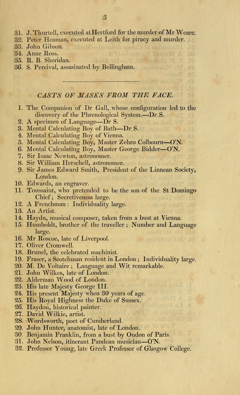 31. J. Thurtell, executed at Hertford for the murder of Mr Weare. 32. Peter Heaman, executed at Leith for piracy and murder. 33. John Gibson. 34. Anne Ross. 35. R. B. Sheridan. 36. S. Percival, assasinated by Bellingham. CASTS OF MASKS FROM THE FACE. 1. The Companion of Dr Gall, whose configuration led to the discovery of the Phrenological System.—Dr S. 2. A specimen of Language—Dr S. 3. Mental Calculating Boy of Bath—Dr S. 4. Mental Calculating Boy of Vienna. 5. Mental Calculating Boy, Master Zehro Colbourn—O'N. 6. Mental Calculating Boy, Master George Bidder—CN. 7. Sir Isaac Newton, astronomer. 8. Sir William Herschell, astronomer. 9- Sir James Edward Smith, President of the Linnean Society, London. 10. Edwards, an engraver. 11. Toussaint, who pretended to be the son of the St Domingo Chief; Secretiveness large. 12. A Frenchman : Individuality large. 13. An Artist. 14. Haydn, musical composer, taken from a bust at Vienna. 15. Humboldt, brother of the traveller ; Number and Language large. 16. Mr Roscoe, late of Liverpool. 17. Oliver Cromwell. 18. Brunei, the celebrated machinist. 19. Fraser, a Scotchman resident in London; Individuality large. 20. M. De Voltaire ; Language and Wit remarkable. 21. John Wilkes, late of London. 22. Alderman Wood of London. 23. His late Majesty George III. 24. His present Majesty when 30 years of age. 25. His Royal Highness the Duke of Sussex. 26. Haydon, historical painter. 27. David Wilkie, artist. 28. Wordsworth, poet of Cumberland. 29. John Hunter, anatomist, late of London. 30. Benjamin Franklin, from a bust by Oudon of Paris. 31. John Nelson, itinerant Pandean musician—CTN. 32. Professor Young, late Greek Professor of Glasgow College.