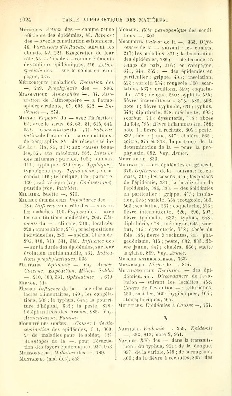 Météores. Action des — comme cause efficiente des épidémies, 43. Rapport des — avec la constitution saisonnière, 46. Variai ions d'influence suivant les climats, 52, 224. Exagération de leur rôle, 53. Action des — comme éléments des milieux épidémiques, 276. Action spéciale des — sur le soldat en cam- pagne, 334. Météoriques maladies). Evolution des —, 249. Prophylaxie des —, 896. Miasmatique. Atmosphère —, 64. Asso- ciition de l'atmosphère — à l'atmo- sphère virulente, 67, 608, 652. — En- dénn'es —, 273. Miasme. Rapport du — avec l'infection, 62; avec le virus, 63,68, 81,615,644, 65'-'. — Constitution du —, 71. Subordi- nation de l'action du — aux conditions : de géographie, 84 ; de réceptivité in- dividus lie, 85, 310; aux causes bana- les, 85 ; aux météores, Î82. Divis<o7i des miasmes : putride, 106 ; humain, 111; typhique, 639 (voy. Typhique); typhoïgène (voy. Typhoïgène); noso- comial, 116 ; tellurique, 125 ; palustre 130 ; cadavérique (voy. Cadavérique); putride (voy. Putride). Miliaire. Suette —, 870. Milieux épidémiques. Importance des —, 18 t. Différences du rôle des — suivant les maladies, 190. Rapport des — avec les constitutions médicales, 209. Elé- ments du — : climats, 216 ; localités, 229 ; atmosphère, 276 ; prédispositions individuelles, 289;— spécial àl'armée, 295,310, 318, 331, 348. Influence des — sur la durée des épidémies, sur leur évolution multiannuelle, 462. Indica- tions prophylactiques, 935. Militaire. Epidèm'e —. Voy. Armée, Caserne, Expédition, Milieu, Soldat — , 210, 308,331. Ophthalmie — , 679. Mirage, 514. Misère. Influence de la — sur : les ma- ladies alimentaires, 149 ; les congéla- tions, 508 ; le typhus, 644; la pourri- ture d'hôpital, 6>>2; la peste, 82S ; l'éléphantiasis des Arabes, 885. Voy. Alimentation, Famine. Mobilité des armées. — Cause: 1° de dis- sémination des épidémies, 311. 860; 2° do maladies pour le soldat, 32:. Avantages de la —, pour l'évacua- tion des foyers épidémiques, '.(37. 943; Moissonneurs. Malaiies des —, 789. Montagnes (mal des), 543. Morales. Râle pathogènique des condi- tions —, 30 i. Morbidité. Valeur de la —, 363. Diffé- rences de la — suivant : les climats, 2i 7; les maladies, 374 ; la localisation des épidémies, 386 ; — de l'armée en temps de paix, 316; en campagne, 341, 344. 352; — des épidémies en particulier : grippe, 495 ; insolation, 523 ; variole, 554 ; rougeole, 500 ; scar- laline, 567 ; oreillons, 569 ; coquelu- che, 576 ; dengue, 5^0 ; syphilis. 585 : fièvres intermittentes, 375, 580, 596, note 1 ; fièvre typhoïde, 631 ; typhus, 64S; diphthérie, C78; méningite, 095; scorbut, 715; dysenterie, 778; abcès du foie, 785; fièvre inflammatoire, 788; note 1 ; fièvre à rechute, 805 : peste, 832 ; fièvre jaune, 847 ; choléra, 865 ; goitre, 874 et 878. Importance de la détermination de la — pour la pro- phylaxie, 892. Voy. Armée. Mort noire, 833. Mortalité. — des épidémies en général, 376. Différence delà —suivant: les cli- mats, 217 ; les saisons, 414 ; les phases de l'épidémie, 38 l ; la localisation de l'épidémie, 386, 393. — des épidémies en particulier : grippe, 475 ; insola- tion, 523 ; variole, 554 ; rougeole, 560, 503 ; scarlatine, 567 ; coqueluche, 576 ; fièvre intermittente, 226, 296, 597; fièvre typhoïde, 632; typhus, 648; diphthérie, (>78; méningite, 695; scor- but, 7 15; dysenterie, 778; abcès du foie, 785; fièvre à rechutes, 805 ; pha- gédénisme, 815; peste, 832, 833; fiè- vre jaune, 847; choléra, 866; suette anglaise, 869. Voy. Armée. Mouche anthropophage, 763. Mozambique. Ulcère de —, 814. Multiannuelle. Evolution — des épi- démies, 453. Discordances de l'évo- lution — suivant les localités, 458. Causes de l'évolution — : telluriques, 459; sociales, 460; hygiéniques, 464 ; atmosphériques, 464. Multiples. Épidémies à Causes—, 764. N Nautique. Endémie—, 259. Epidémie —, 353, 813, note 2, 951. Navires. Rôle des — dans la transmis- sion : du typhus, 951 ; de la dengue, 957 ; de la variole, 549 ; de la rougeole, 560 ; de la fièvre à rechutes, 805 ; des