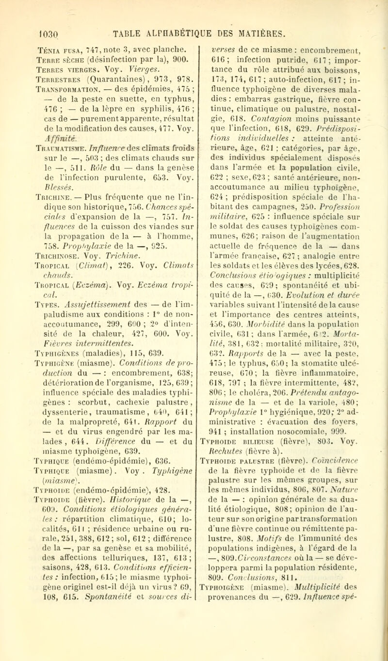 Ténia fusa, 747, note 3, avec planche. Terre sèche (désinfection par la), 900. Terres vierges. Voy. Vierges. Terrestres (Quarantaines), 973, 978. Transformation. — des épidémies, 475 ; — de la peste en suette, en typhus, 476 ; — de la lèpre en syphilis, 476 ; cas de — purement apparente, résultat de la modification des causes, 477. Voy. Affinité. Traumatisme. Influence des climats froids sur le —, 503 ; des climats chauds sur le —, 511. Rôle du — dans la genèse de l'infection purulente, 653. Voy. Blessés. Trichine. — Plus fréquente que ne l'in- dique son historique, 756. Chances spé- ciales d'expansion de la —, 757. In- fluences de la cuisson des viandes sur la propagation de la — à l'homme, 758. Prophylaxie de la —, 925. Trichinose. Voy. Trichine. Tropical [Climat), 226. Voy. Climats chauds. Tropical {Eczéma). Voy. Eczéma tropi- cal. Types. Assujettissement des — de l'im- paludisme aux conditions : 1° de non- accoutumance, 299, 600 ; 2° d'inten- sité de la chaleur, 427, 600. Voy. Fièvres intermittentes. Tvphigènes (maladies), 115, 639. Typhigène (miasme). Conditions de pro- duction du — : encombrement, 638; détérioration de l'organisme, 125, 639 ; influence spéciale des maladies typhi- gènes : scorbut, cachexie palustre, dyssenterie, traumatisme, 640, 641; de la malpropreté, 64t. Rapport du — et du virus engendré par les ma- lades , 644. Différence du — et du miasme typhoîgène, 639. Typhique (endémo-épidémie), 636. Typhique (miasme). Voy . Typhigène (mias)?ie). Typhoïde (endémo-épidémie), 428. Typhoïde (lièvre). Historique de la —, 609. Conditions étiologiques généra- les : répartition climatique, 610; lo- calités, 611 ; résidence urbaine ou ru- rale, 251, 388, 612 ; sol, 612 ; différence de la —, par sa genèse et sa mobilité, des affections telluriques, 137, 613; saisons, 428, 613. Conditions efficien- tes : infection, 615; le miasme typhoî- gène originel est-il déjà un virus? 69, 108, 615. Spontanéité et sources di- \ verses de ce miasme : encombrement, 616; infection putride, 617; impor- tance du rôle attribué aux boissons, 173, 174, 617; auto-infection, 617; in- fluence typhoîgène de diverses mala- dies : embarras gastrique, fièvre con- tinue, climatique ou palustre, nostal- gie, 618. Contagion moins puissante que l'infection, 618, 629. Prédisposi- tions individuelles : atteinte anté- rieure, âge, 621 : catégories, par âge, des individus spécialement disposes dans l'armée et la population civile, 622 ; sexe, 623 ; santé antérieure, non- accoutumance au milieu typhoîgène, 624 ; prédisposition spéciale de l'ha- bitant des campagnes, 250. Profession militaire, 625 : influence spéciale sur le soldat des causes typhoïgènes com- munes, 626; raison de l'augmentation actuelle de fréquence de la — dans l'armée française, 627 ; analogie entre les soldats et les élèves des lycées, 628. Conclusions étio'ogiques : multiplicité des causas, 629; spontanéité et ubi- quité de la —, (;30. Evolution et durée variables suivant l'intensité de la cause et l'importance des centres atteints, 456, 630. Morbidité dans la population civile, 631; dans l'armée, 6'2. Morta- lité, 381, 632: mortalité militaire, 320, 632. Rapports de la — avec la peste. 475; le typhus, 650; la stomatite ulcé- reuse, 670; la fièvre inflammatoire. 618, 797 ; la fièvre intermittente, 482, 806; le choléra, 206. Prétendu antago- ?iisme de la — et de la variole, 480; Prophylaxie 1° hygiénique, 920; 2° ad- ministrative : évacuation des foyers, 941 ; installation nosocomiale, 999. Typhoïde bilieuse (fièvre), 803. Voy. Rechutes (fièvre à). Typhoïde palustre (fièvre). Cohicidence de la fièvre typhoïde et de la fièvre palustre sur les mêmes groupes, sur les mêmes individus, 806, 807. Nature de la — : opinion générale de sa dua- lité étiologique, 808; opinion de l'au- teur sur son origine par transformation d'une fièvre continue ou rémittente pa- lustre, 808. Motifs de l'immunité des populations indigènes, à l'égard de la —, 809.Circonstances où la — se déve- loppera parmi la population résidente, 809. Conclusions, 811. Typhoîgène (miasme). Multiplicité des provenances du —, 629. Influence spé-