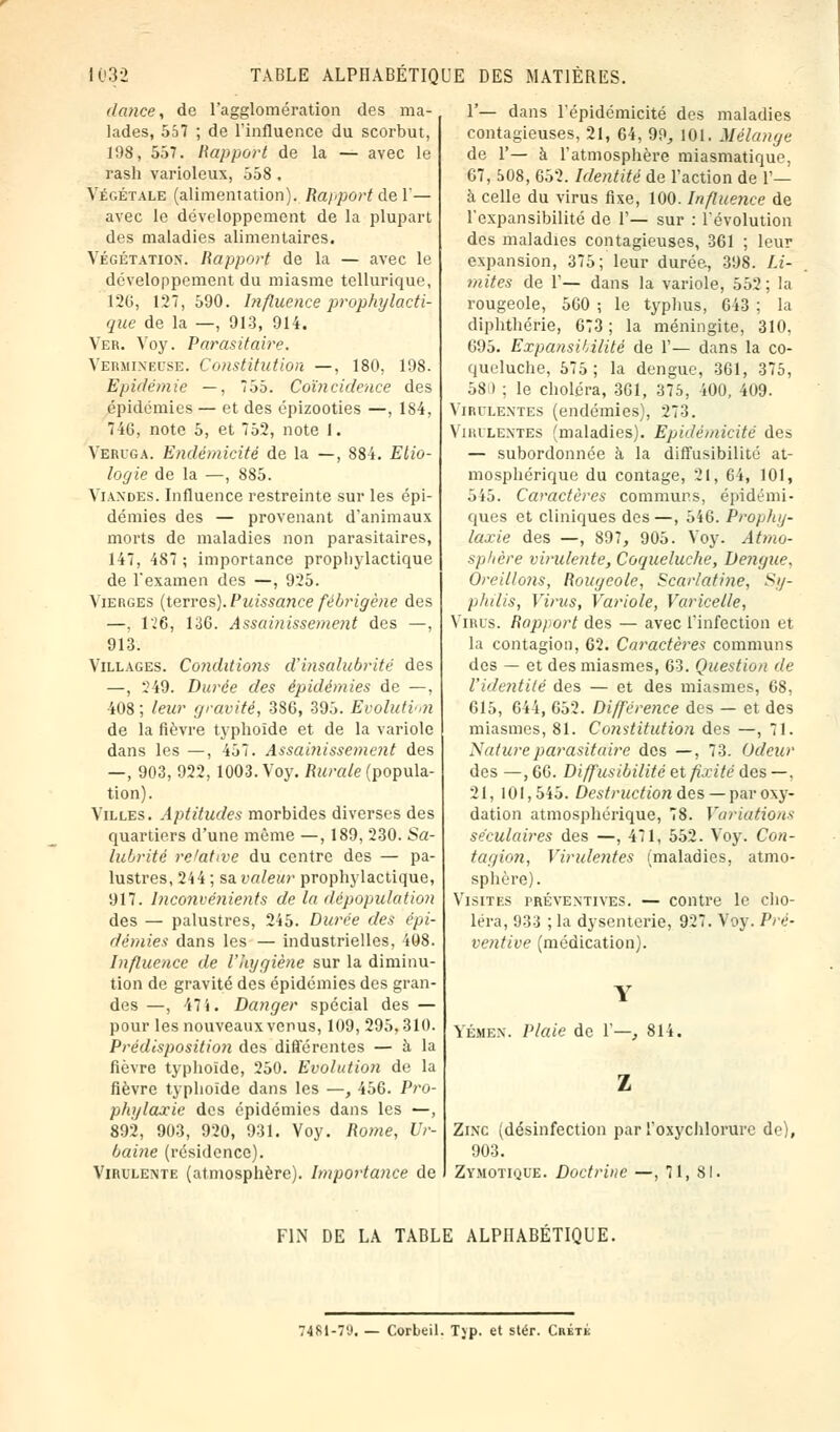 dance, de l'agglomération des ma- lades, 557 ; de l'influence du scorbut, 198, 557. Rapport de la — avec le rash varioleux, 558 . Végétale (alimentation). Rapport de 1'— avec le développement de la plupart des maladies alimentaires. Végétation. Rapport de la — avec le développement du miasme tellurique, 126, 127, 590. Influence prophylacti- que de la —, 913, 914. Ver. Voy. Parasitaire. Vermineuse. Constitution —, 180, 198. Epidémie —, 755. Coïncidence des épidémies — et des épizooties —, 184, 746, note 5, et 752, note 1. Vervga. Endémicité de la —, 884. Etio- logie de la —, 885. Viandes. Influence restreinte sur les épi- démies des — provenant d'animaux morts de maladies non parasitaires, 147, 487 ; importance prophylactique de l'examen des —, 925. Vierges (terres). Puissance fébrigène des —, 126, 136. Assainissement des —, 913. Villages. Conditioiis d'insalubrité des —, 249. Durée des épidémies de —, 408 ; leur gravité, 386, 395. Evolution de la fièvre typhoïde et de la variole dans les —, 457. Assainissement des —, 903, 922, 1003. Voy. Rurale (popula- tion). Villes. Aptitudes morbides diverses des quartiers d'une même —, 189, 230. Sa- lubrité relative du centre des — pa- lustres, 244 ; sa valeur prophylactique, 917. Inconvénients de la dépopulatio?i des — palustres, 245. Durée des épi- démies dans les — industrielles, 408. Influence de l'hygiène sur la diminu- tion de gravité des épidémies des gran- des—, 47 i. Danger spécial des — pour les nouveaux venus, 109, 295,310. Prédisposition des différentes — à la fièvre typhoïde, 250. Evolution de la fièvre typhoïde dans les —, 456. Pro- phylaxie des épidémies dans les —, 892, 903, 920, 931. Voy. Rome, Ur- baine (résidence). Virulente (atmosphère). Impoi-tance de 1'— dans l'épidémicité des maladies contagieuses, 21, 64, 99, 101. Mélange de 1'— à l'atmosphère miasmatique, 67, 508, 652. Identité de l'action de Y— à celle du virus fixe, 100. Influence de l'expansibilité de 1'— sur : l'évolution des maladies contagieuses, 361 ; leur expansion, 375; leur durée, 398. Li- mites de 1'— dans la variole, 552 ; la rougeole, 500 ; le typhus, 643 ; la diphthérie, 673 ; la méningite, 310, 695. Expansibilité de 1'— dans la co- queluche, 575; la dengue, 361, 375, 58 i : le choléra, 361, 375, 400, 409. Virulentes (endémies), 273. Virulentes (maladies). Epidémicité des — subordonnée à la diffusibilité at- mosphérique du contage, 21, 64, 101, 545. Caractères communs, épidémi- ques et cliniques des —, 546. Prophy- laxie des —, 897, 905. Voy. Atmo- sphère virulente, Coqueluche, Dengue. Oreillons, Rougeole, Scarlatine, Sy- philis, Virus, Variole, Varicelle, Virus. Rapport des — avec l'infection et la contagion, 62. Caractères communs des — et des miasmes, 63. Question de l'identité des — et des miasmes, 68, 615, 644, 652. Différence des — et des miasmes, 81. Constitution des —,71. Nature parasitaire des —, 73. Odeur des —, 66. Diffusibilité et fixité des —, 21, 101,545. Destruction des — par oxy- dation atmosphérique, 78. Variations séculaires des —, 471, 552. Voy. Con- tagion, Virulentes (maladies, atmo- sphère). Visites préventives. — contre le cho- léra , 933 ; la dysenterie, 927. Voy. Pré- ventive (médication). Yémen. Plaie de 1'—, 814. Zinc (désinfection par l'oxychlorure de), 903. Zymotique. Doctrine —, 71, 81. FIN DE LA TABLE ALPHABETIQUE. 7481-7U. — Corbeil. Typ. et stér. Crète