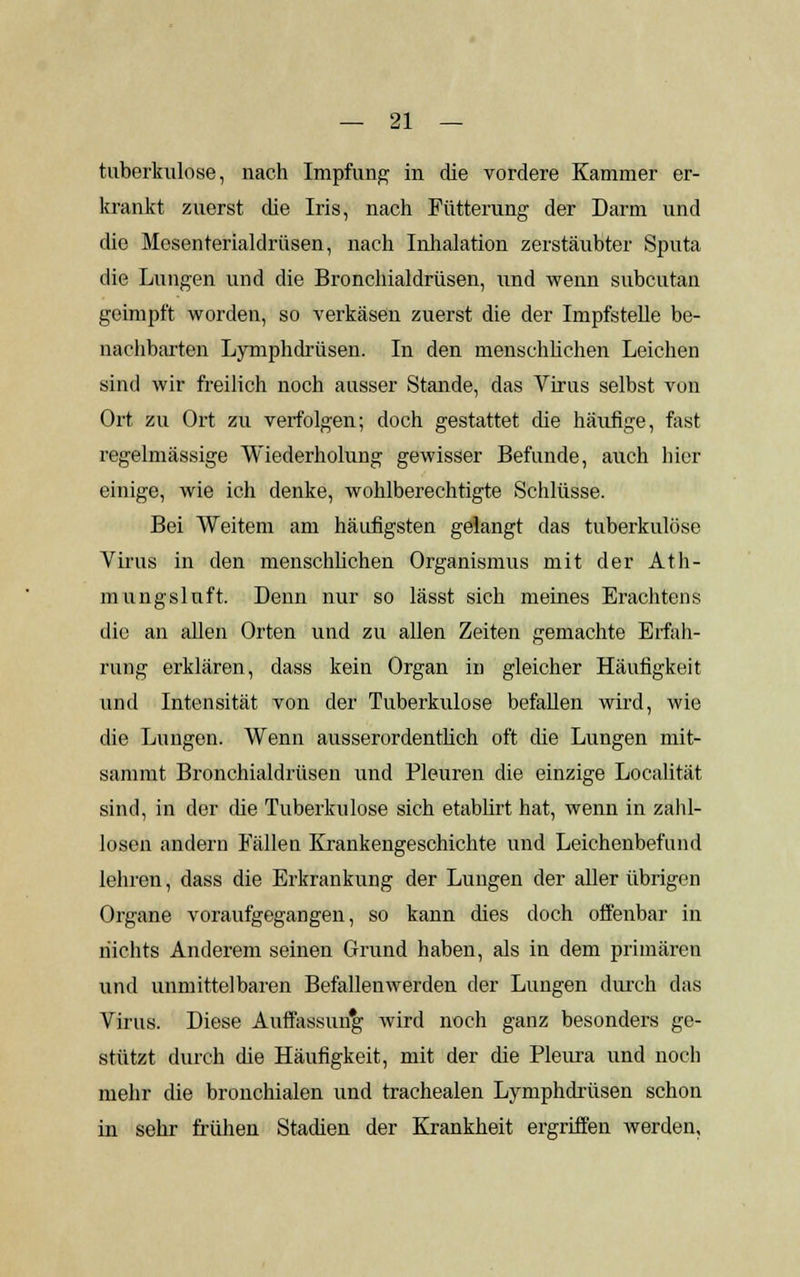 tuberkulöse, nach Impfung in die vordere Kammer er- krankt zuerst die Iris, nach Fütterung der Darm und die Mesenterialdrüsen, nach Inhalation zerstäubter Sputa die Lungen und die Bronchialdrüsen, und wenn subcutan geimpft worden, so verkäsen zuerst die der Impfstelle be- nachbarten Lymphdrüsen. In den menschlichen Leichen sind wir freilich noch ausser Stande, das Virus selbst von Ort zu Ort zu verfolgen; doch gestattet die häufige, fast regelmässige Wiederholung gewisser Befunde, auch hier einige, wie ich denke, wohlberechtigte Schlüsse. Bei Weitem am häufigsten gelangt das tuberkulöse Virus in den menschlichen Organismus mit der Ath- mungsluft. Denn nur so lässt sich meines Erachtcns die an allen Orten und zu allen Zeiten gemachte Erfah- rung erklären, dass kein Organ in gleicher Häufigkeit und Intensität von der Tuberkulose befallen wird, wie die Lungen. Wenn ausserordentlich oft die Lungen mit- sammt Bronchialdrüsen und Pleuren die einzige Localität sind, in der che Tuberkulose sich etablirt hat, wenn in zahl- losen andern Fällen Krankengeschichte und Leichenbefund lehren, dass die Erkrankung der Lungen der aller übrigen Organe voraufgegangen, so kann dies doch offenbar in nichts Anderem seinen Grund haben, als in dem primären und unmittelbaren Befallenwerden der Lungen durch das Virus. Diese Auffassung wird noch ganz besonders ge- stützt durch die Häufigkeit, mit der die Pleura und noch mehr die bronchialen und trachealen Lymphdrüsen schon in sehr frühen Stadien der Krankheit ergriffen werden.