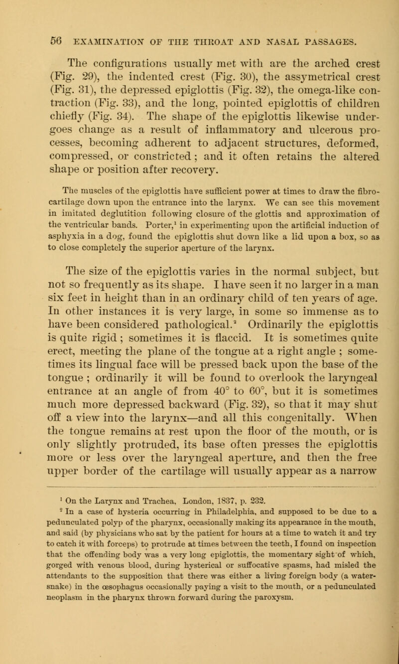 The configurations usually met with are the arched crest (Fig. 29), the indented crest (Fig. 30), the assymetrical crest (Fig. 31), the depressed epiglottis (Fig. 32), the omega-like con- traction (Fig. 33), and the long, pointed epiglottis of children chiefly (Fig. 34). The shape of the epiglottis likewise under- goes change as a result of inflammatory and ulcerous pro- cesses, becoming adherent to adjacent structures, deformed, compressed, or constricted; and it often retains the altered shape or position after recovery. The muscles of the epiglottis have sufficient power at times to draw the fibro- cartilage down upon the entrance into the larynx. We can see this movement in imitated deglutition following closure of the glottis and approximation of the ventricular bands. Porter,1 in experimenting upon the artificial induction of asphyxia in a dog, found the epiglottis shut down like a lid upon a box, so as to close completely the superior aperture of the larynx. The size of the epiglottis varies in the normal subject, but not so frequently as its shape. I have seen it no larger in a man six feet in height than in an ordinary child of ten years of age. In other instances it is very large, in some so immense as to have been considered pathological.2 Ordinarily the epiglottis is quite rigid; sometimes it is flaccid. It is sometimes quite erect, meeting the plane of the tongue at a right angle ; some- times its lingual face will be pressed back upon the base of the tongue ; ordinarily it will be found to overlook the laryngeal entrance at an angle of from 40° to 60°, but it is sometimes much more depressed backward (Fig. 32), so that it may shut off a view into the larynx—and all this congenitally. When the tongue remains at rest upon the floor of the mouth, or is only slightly protruded, its base often presses the epiglottis more or less over the laryngeal aperture, and then the free upper border of the cartilage will usually appear as a narrow 1 On the Larynx and Trachea, London, 1837, p. 232. 2 In a case of hysteria occurring in Philadelphia, and supposed to be due to a pedunculated polyp of the pharynx, occasionally making its appearance in the mouth, and said (by physicians who sat by the patient for hours at a time to watch it and try to catch it with forceps) to protrude at times between the teeth, I found on inspection that the offending body was a very long epiglottis, the momentary sight of which, gorged with venous blood, during hysterical or suffocative spasms, had misled the attendants to the supposition that there was either a living foreign body (a water- snake) in the oesophagus occasionally paying a visit to the mouth, or a pedunculated neoplasm in the pharynx thrown forward during the paroxysm.