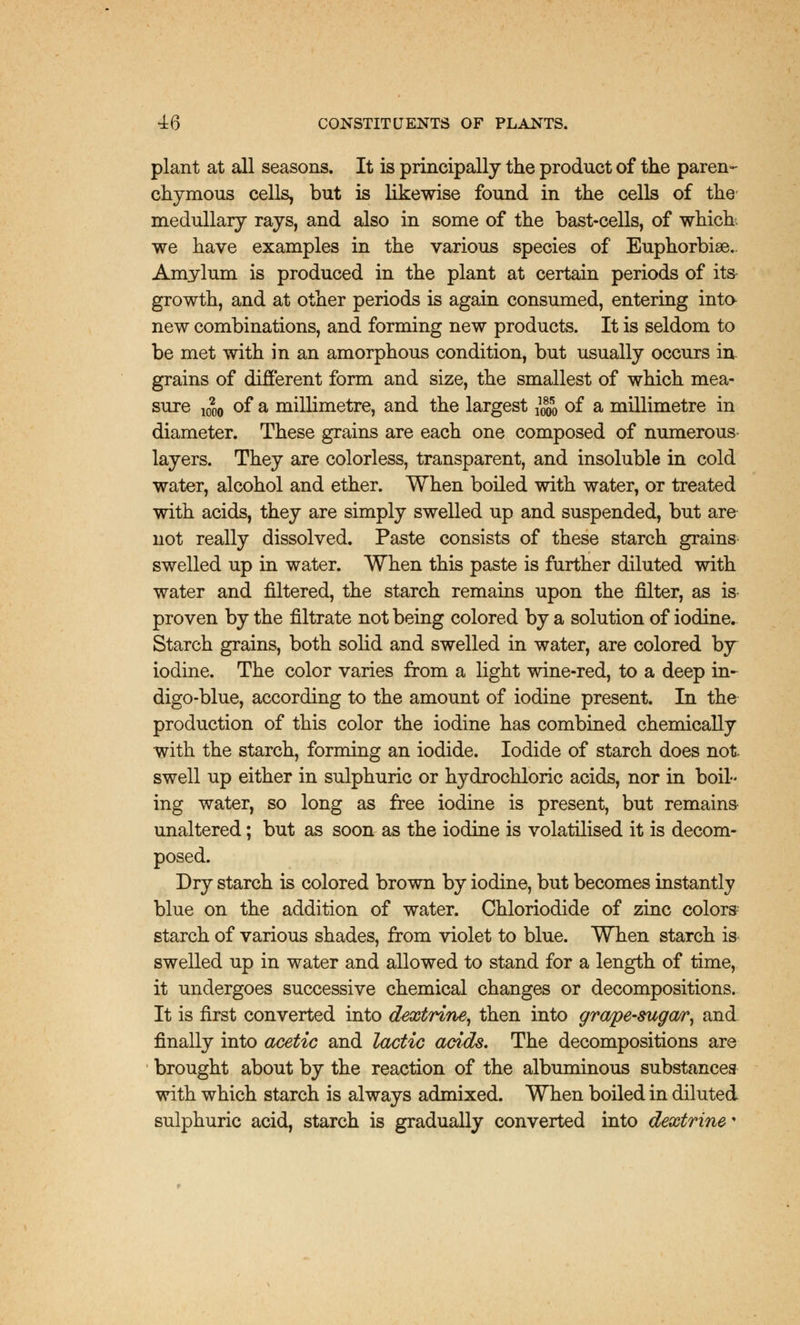 plant at all seasons. It is principally the product of the paren- chymous cells, but is likewise found in the cells of the medullary rays, and also in some of the bast-cells, of which we have examples in the various species of Euphorbiae.. Amylum is produced in the plant at certain periods of its- growth, and at other periods is again consumed, entering into new combinations, and forming new products. It is seldom to be met with in an amorphous condition, but usually occurs in grains of different form and size, the smallest of which mea- sure 10200 of a millimetre, and the largest ^ of a millimetre in diameter. These grains are each one composed of numerous layers. They are colorless, transparent, and insoluble in cold water, alcohol and ether. When boiled with water, or treated with acids, they are simply swelled up and suspended, but are not really dissolved. Paste consists of these starch grains swelled up in water. When this paste is further diluted with water and filtered, the starch remains upon the filter, as is proven by the filtrate not being colored by a solution of iodine. Starch grains, both solid and swelled in water, are colored by iodine. The color varies from a light wine-red, to a deep in- digo-blue, according to the amount of iodine present. In the production of this color the iodine has combined chemically with the starch, forming an iodide. Iodide of starch does not- swell up either in sulphuric or hydrochloric acids, nor in boil- ing water, so long as free iodine is present, but remains unaltered; but as soon as the iodine is volatilised it is decom- posed. Dry starch is colored brown by iodine, but becomes instantly blue on the addition of water. Chloriodide of zinc colors starch of various shades, from violet to blue. When starch is swelled up in water and allowed to stand for a length of time, it undergoes successive chemical changes or decompositions. It is first converted into dextrine, then into grape-sugar, and finally into acetic and lactic acids. The decompositions are brought about by the reaction of the albuminous substances with which starch is always admixed. When boiled in diluted sulphuric acid, starch is gradually converted into dextrine •