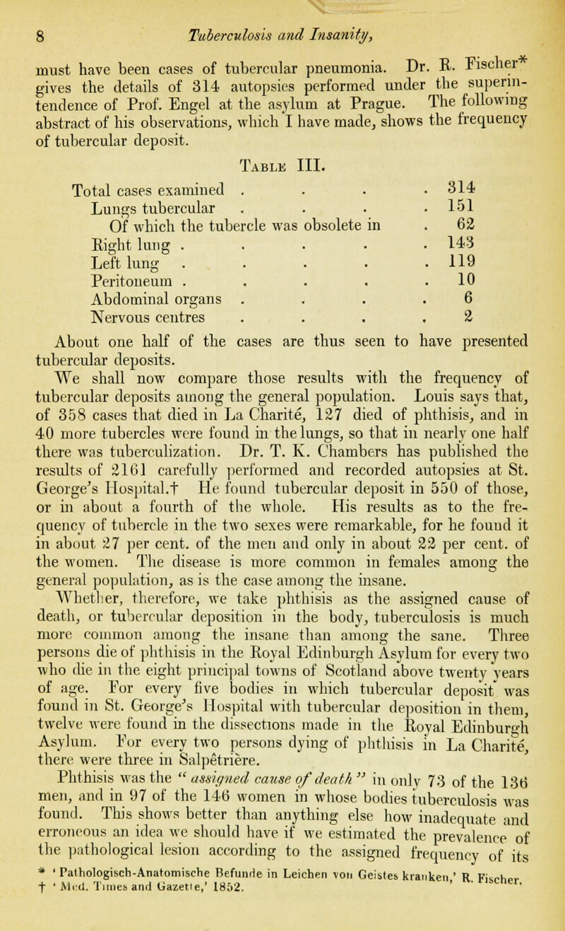 must have been cases of tubercular pneumonia. Dr. R. Fischer gives the details of 314 autopsies performed under the superin- tendence of Prof. Engel at the asylum at Prague. The following abstract of his observations, which I have made, shows the frequency of tubercular deposit. Table III. Total cases examined . Lungs tubercular Of which the tubercle was obsolete in Eight lung .... Left lung Peritoneum . Abdominal organs Nervous centres 314 151 62 143 119 10 6 2 About one half of the cases are thus seen to have presented tubercular deposits. We shall now compare those results with the frequency of tubercular deposits among the general population. Louis says that, of 358 cases that died in La Charite, 127 died of phthisis, and in 40 more tubercles were found in the lungs, so that in nearly one half there was tuberculization. Dr. T. K. Chambers has published the results of 2161 carefully performed and recorded autopsies at St. George's Hospital.t He found tubercular deposit in 550 of those, or in about a fourth of the whole. His results as to the fre- quency of tubercle in the two sexes were remarkable, for he fouud it in about 27 per cent, of the men and only in about 22 per cent, of the women. The disease is more common in females among the general population, as is the case among the insane. Whether, therefore, we take phthisis as the assigned cause of death, or tubercular deposition in the body, tuberculosis is much more common among the insane than among the sane. Three persons die of phthisis in the Royal Edinburgh Asylum for every two who die in the eight principal towns of Scotland above twenty years of age. For every five bodies in which tubercular deposit was found in St. George's Hospital with tubercular deposition in them, twelve were found in the dissections made in the Royal Edinburgh Asylum. For every two persons dying of phthisis in La Charite, there were three in Salpetriere. Phthisis was the  assigned cause of death  in only 73 of the 13b1 men, and in 97 of the 146 women in whose bodies tuberculosis was found. This shows better than anything else how inadequate and erroneous an idea we should have if we estimated the prevalence' of the pathological lesion according to the assigned frequency of its * ' Pathologisch-Anatomische Befunrie in Leichen von Geistes kranken,' R. Fischer 7 'Med. Tunes and Gazetie,' 1852.