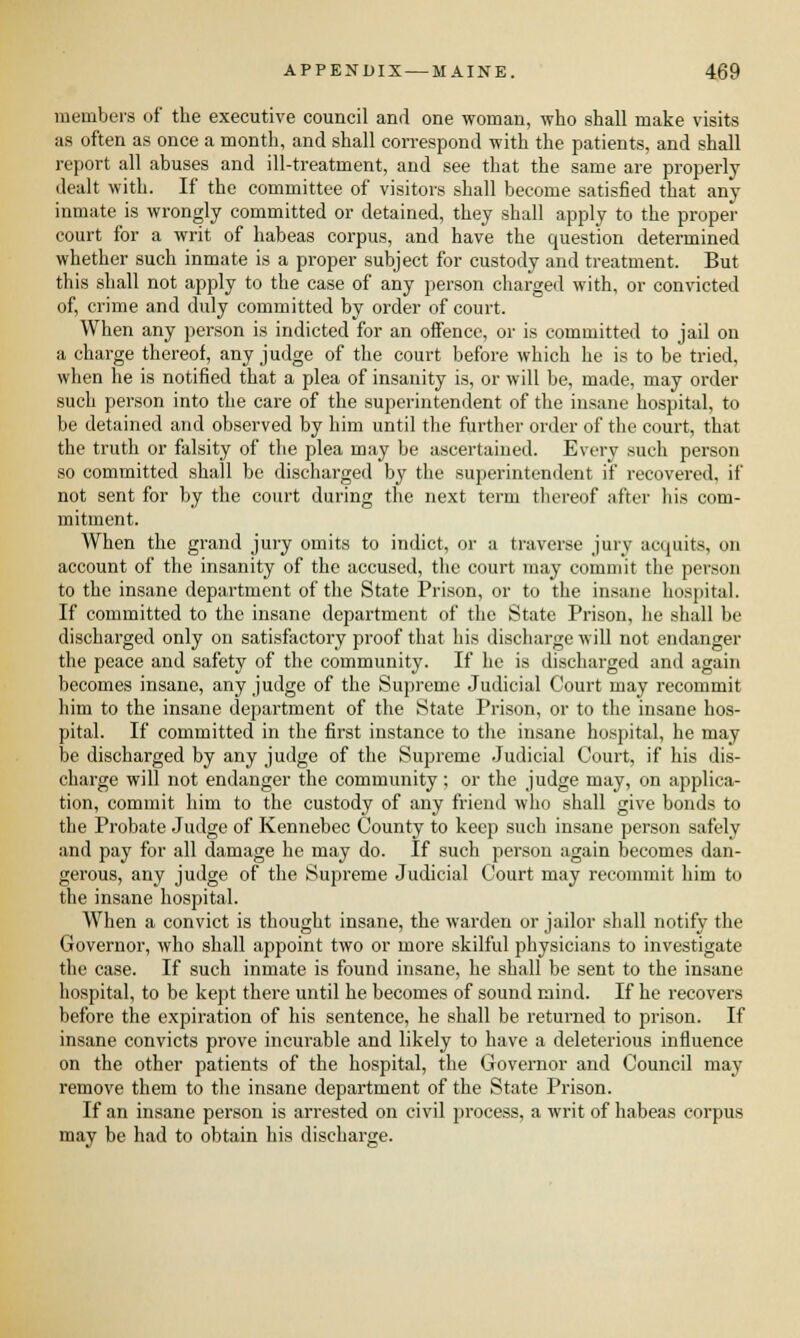 members of the executive council and one woman, who shall make visits as often as once a month, and shall correspond with the patients, and shall report all abuses and ill-treatment, and see that the same are properly dealt with. If the committee of visitors shall become satisfied that any inmate is wrongly committed or detained, they shall apply to the proper court for a writ of habeas corpus, and have the question determined whether such inmate is a proper subject for custody and treatment. But this shall not apply to the case of any person charged with, or convicted of, crime and duly committed by order of court. When any person is indicted for an offence, or is committed to jail on a charge thereof, any judge of the court before which he is to be tried, when he is notified that a plea of insanity is, or will be, made, may order such person into the care of the superintendent of the insane hospital, to be detained and observed by him until the further order of the court, that the truth or falsity of the plea may be ascertained. Every such person so committed shall be discharged by the superintendent if recovered, if not sent for by the court during the next term thereof after his com- mitment. When the grand jury omits to indict, or a traverse jury acquits, on account of the insanity of the accused, the court may commit the person to the insane department of the State Prison, or to the insane hospital. If committed to the insane department of the State Prison, he shall be discharged only on satisfactory proof that his discharge will not endanger the peace and safety of the community. If he is discharged and again becomes insane, any judge of the Supreme Judicial Court may recommit him to the insane department of the State Prison, or to the insane hos- pital. If committed in the first instance to the insane hospital, he may be discharged by any judge of the Supreme Judicial Court, if his dis- charge will not endanger the community ; or the judge may, on applica- tion, commit him to the custody of any friend who shall give bonds to the Probate Judge of Kennebec County to keep such insane person safely and pay for all damage he may do. If such person again becomes dan- gerous, any judge of the Supreme Judicial Court may recommit him to the insane hospital. When a convict is thought insane, the warden or jailor shall notify the Governor, who shall appoint two or more skilful physicians to investigate the case. If such inmate is found insane, he shall be sent to the insane hospital, to be kept there until he becomes of sound mind. If he recovers before the expiration of his sentence, he shall be returned to prison. If insane convicts prove incurable and likely to have a deleterious influence on the other patients of the hospital, the Governor and Council may remove them to the insane department of the State Prison. If an insane person is arrested on civil process, a writ of habeas corpus may be had to obtain his discharge.