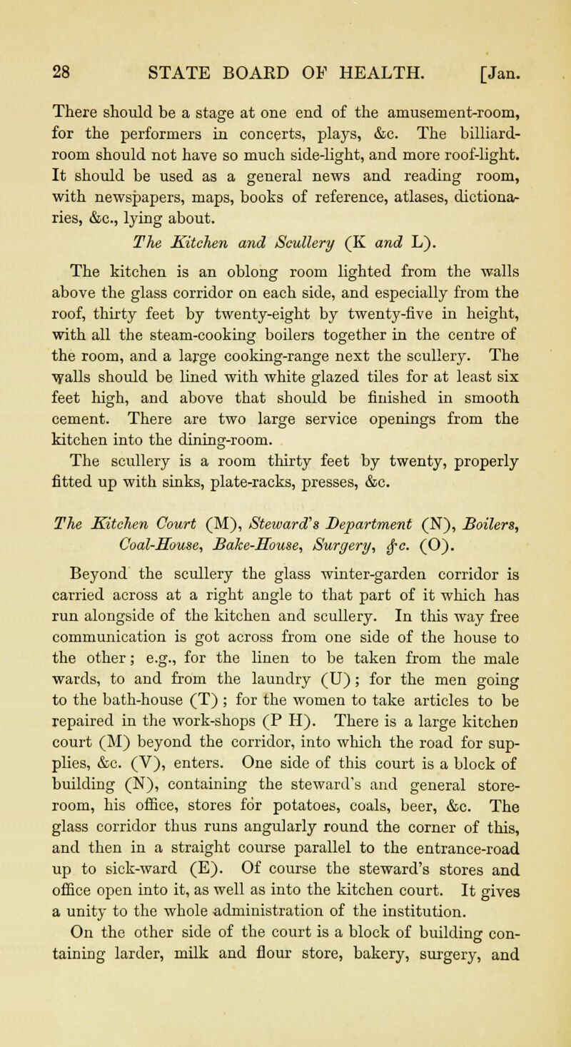 There should be a stage at one end of the amusement-room, for the performers in concerts, plays, &c. The billiard- room should not have so much side-light, and more roof-light. It should be used as a general news and reading room, with newspapers, maps, books of reference, atlases, dictiona- ries, &c, lying about. The Kitchen and Scullery (K and L). The kitchen is an oblong room lighted from the walls above the glass corridor on each side, and especially from the roof, thirty feet by twenty-eight by twenty-five in height, with all the steam-cooking boilers together in the centre of the room, and a large cooking-range next the scullery. The walls should be lined with white glazed tiles for at least six feet high, and above that should be finished in smooth cement. There are two large service openings from the kitchen into the dining-room. The scullery is a room thirty feet by twenty, properly fitted up with sinks, plate-racks, presses, &c. The Kitchen Court (M), Steward's Department (N), Boilers, Coal-House, Bake-House, Surgery, $c. (O). Beyond the scullery the glass winter-garden corridor is carried across at a right angle to that part of it which has run alongside of the kitchen and scullery. In this way free communication is got across from one side of the house to the other; e.g., for the linen to be taken from the male wards, to and from the laundry (U); for the men going to the bath-house (T) ; for the women to take articles to be repaired in the work-shops (P H). There is a large kitcheD court (M) beyond the corridor, into which the road for sup- plies, &c. (V), enters. One side of this court is a block of building (N), containing the steward's and general store- room, his office, stores for potatoes, coals, beer, &c. The glass corridor thus runs angularly round the corner of this, and then in a straight course parallel to the entrance-road up to sick-ward (E). Of course the steward's stores and office open into it, as well as into the kitchen court. It gives a unity to the whole administration of the institution. On the other side of the court is a block of building con- taining larder, milk and flour store, bakery, surgery, and