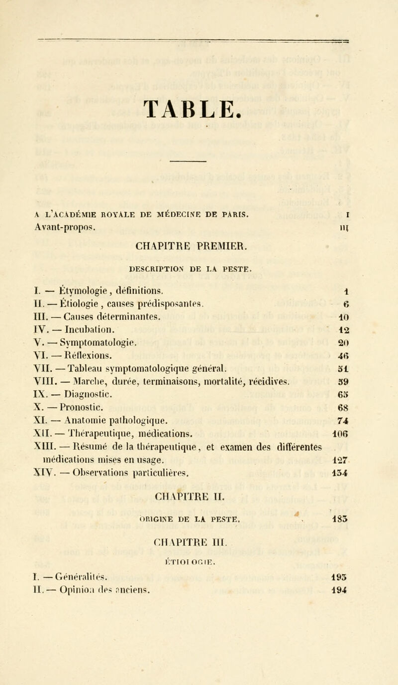 TABLE. A l'académie royale de médecine de pàrls. r Avant-propos. u{ CHAPITRE PREMIER. DESCRIPTION DE LA PESTE. I. — Étymologie , définitions. 1 II. — Étiologie , causes prédisposantes. 6 III. — Causes déterminantes. 10 IV. — Incubation. 12 V. — Symptomatologie. 20 VI. — Réflexions. 46 VII. —Tableau symptomatologique général. 51 VIII. — 3Iarclie, durée, terminaisons, mortalité, récidives. 39 IX. — Diagnostic. 65 X. — Pronostic. 68 XI. — Anatomie pathologique. 74 XII. — Thérapeutique, médications. 106 XIII. — Résumé de la thérapeutique, et examen des différentes médications mises en usage. 127 XIV.—Observations particulières. 134 CHAPITRE II. ORIGINE DE LA PESTE. 183 CH\PITRE III. KTIOIOP. IE. I. —Généralités. 195 II.— Opinion des nnciens. 194