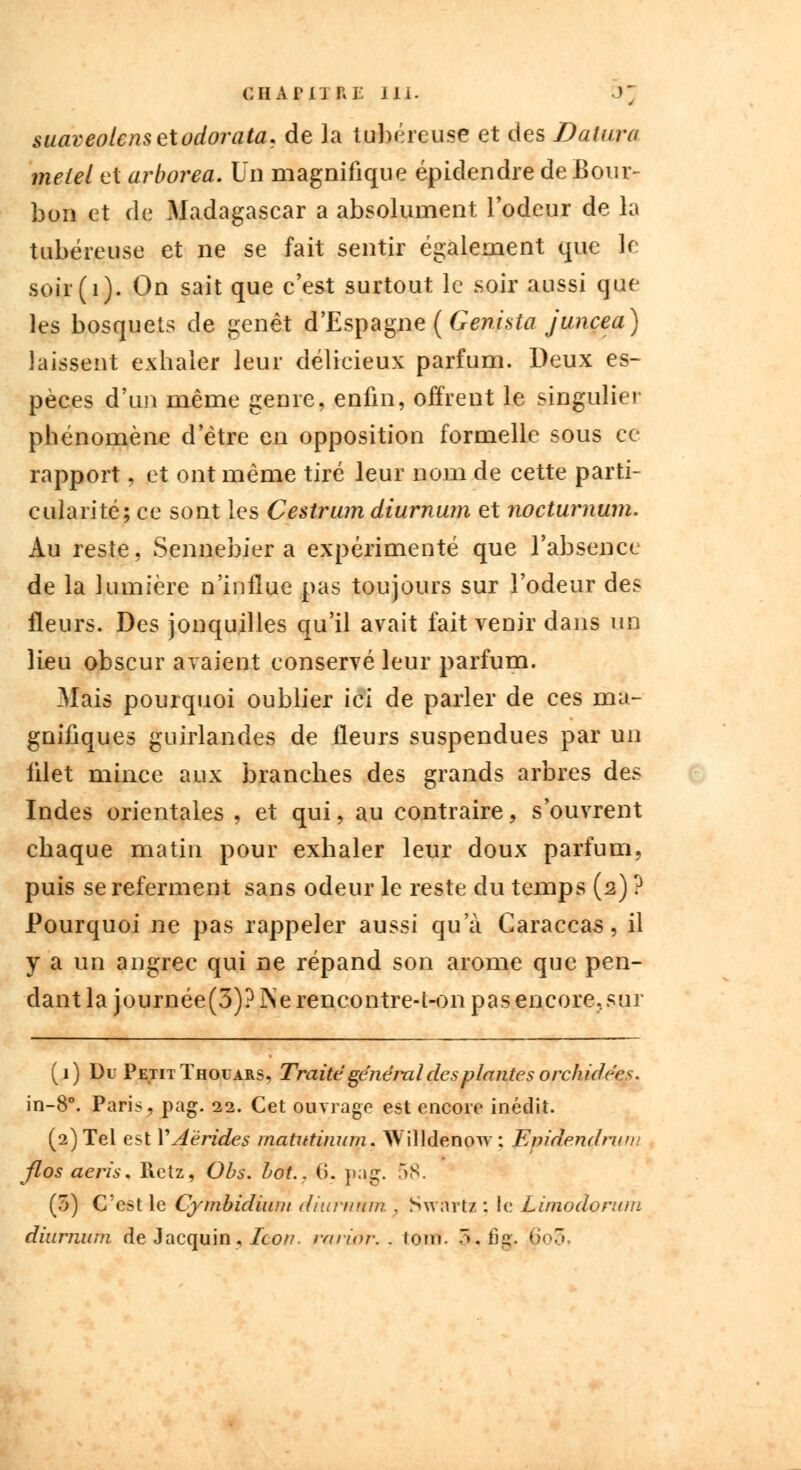 suaveolcnsetodorata. de la tubéreuse et des Dalura meiel et arborea. Un magnifique épidendre de Bour- bon et de Madagascar a absolument l'odeur de la tubéreuse et ne se fait sentir également que l,c soir(i). On sait que c'est surtout le soir aussi que les bosquets de genêt d'Espagne (Genista juncea) laissent exhaler leur délicieux parfum. Deux es- pèces d'un même genre, enfin, offrent le singulier phénomène d'être en opposition formelle sous ce rapport, et ont même tiré leur nom de cette parti- cularité; ce sont les Cestrum diurnum et nocturnum. Au reste, Sennebier a expérimenté que l'absence de la lumière n'influe pas toujours sur l'odeur des fleurs. Des jonquilles qu'il avait fait venir dans un lieu obscur avaient conservé leur parfum. Mais pourquoi oublier ici de parler de ces ma- gnifiques guirlandes de fleurs suspendues par un filet mince aux branches des grands arbres des Indes orientales , et qui, au contraire, s'ouvrent chaque matin pour exhaler leur doux parfum, puis se referment sans odeur le reste du temps (2) ? Pourquoi ne pas rappeler aussi qu'à Caraccas, il y a un angrec qui ne répand son arôme que pen- dant la journée(3)? j\e rencontre-t-on pas encore,, sur (1) Du Petit Thouars, Traité général des plantes orchidées. in-8°. Pari?, pag. 22. Cet ouvrage est encore inédit. (2) Tel est XAêrides matutinum. Willdenpw : Epidendnm flos aeris, Retz, Obs. bot., (>. }»;ig. 58. (3) C'est le Cymbidium diurnum . Swarfca : le Limodonaii diurnum de Jacquin, Icon. rariûr. . loin. 5-, fig. 6o5