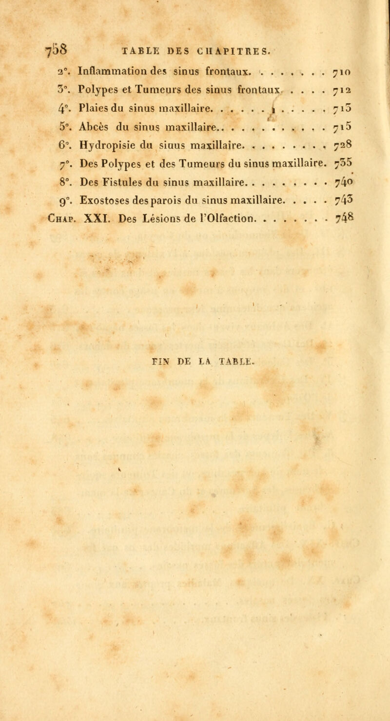 2°. Inflammation des sinus frontaux 710 3°. Polypes et Tumeurs des sinus frontaux 712 4°. Plaies du sinus maxillaire 1 71a 5°. Abcès du sinus maxillaire 715 6°. Hydropisie du siuus maxillaire 728 70. Des Polypes et des Tumeurs du sinus maxillaire. 705 8°. Des Fistules du sinus maxillaire 74° g0. Exostoses des parois du sinus maxillaire 745 Chap. XXI. Des Lésions de l'Olfaction 74& FIN DE LÀ TABLE.