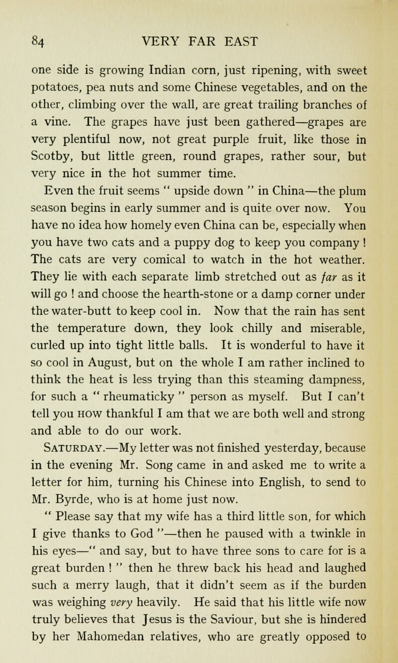 one side is growing Indian corn, just ripening, with sweet potatoes, pea nuts and some Chinese vegetables, and on the other, climbing over the wall, are great trailing branches of a vine. The grapes have just been gathered—grapes are very plentiful now, not great purple fruit, like those in Scotby, but little green, round grapes, rather sour, but very nice in the hot summer time. Even the fruit seems  upside down  in China—the plum season begins in early summer and is quite over now. You have no idea how homely even China can be, especially when you have two cats and a puppy dog to keep you company ! The cats are very comical to watch in the hot weather. They lie with each separate limb stretched out as far as it will go ! and choose the hearth-stone or a damp corner under the water-butt to keep cool in. Now that the rain has sent the temperature down, they look chilly and miserable, curled up into tight little balls. It is wonderful to have it so cool in August, but on the whole I am rather inclined to think the heat is less trying than this steaming dampness, for such a  rheumaticky  person as myself. But I can't tell you how thankful I am that we are both well and strong and able to do our work. Saturday.—My letter was not finished yesterday, because in the evening Mr. Song came in and asked me to write a letter for him, turning his Chinese into English, to send to Mr. Byrde, who is at home just now.  Please say that my wife has a third little son, for which I give thanks to God —then he paused with a twinkle in his eyes— and say, but to have three sons to care for is a great burden !  then he threw back his head and laughed such a merry laugh, that it didn't seem as if the burden was weighing very heavily. He said that his little wife now truly believes that Jesus is the Saviour, but she is hindered by her Mahomedan relatives, who are greatly opposed to