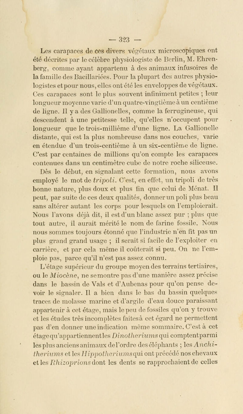 Les carapaces de ces divers végétaux microscopiques ont été décrites par le célèbre physiologiste de Berlin, M. Ehren- berg. comme ayant appartenu à des animaux infusoires de la famille des Bacillariées. Pour la plupart des autres physio- logistes et pour nous, elles ont été les enveloppes de végétaux. Ces carapaces sont le plus souvent infiniment petites ; leur longueur moyenne varie d'un quatre-vingtième à un centième de ligne. Il y a des Gallionelles, comme la ferrugineuse, qui descendent à une petitesse telle, qu'elles n'occupent pour longueur que le trois-millième d'une ligne. La Gallionelle distante, qui est la plus nombreuse dans nos couches, varie en étendue d'un trois-centième à un six-centième de ligne. C'est par centaines de millions qu'on compte les carapaces contenues dans un centimètre cube de notre roche siliceuse. Dès le début, en signalant cette formation, nous avons employé le mot de tripoli. C'est, en effet, un tripoli de très bonne nature, plus doux et plus fin que celui de Menât. Il peut, par suite de ces deux qualités, donner un poli plus beau sans altérer autant les corps pour lesquels on l'emploierait. Nous l'avons déjà dit, il est d'un blanc assez pur ; plus que tout autre, il aurait mérité le nom de farine fossile. Nous nous sommes toujours étonné que l'industrie n'en fît pas un plus grand grand usage ; il serait si facile de l'exploiter en carrière, et par cela même il coûterait si peu. On ne l'em- ploie pas, parce qu'il n'est pas assez connu. L'étage supérieur du groupe moyen des terrains tertiaires, ou le Miocène, ne semontre pas d'une manière assez précise dans le bassin de Vais et d'Aubenas pour qu'on pense de- voir le signaler. Il a bien dans le bas du bassin quelques traces de molasse marine et d argile d'eau douce paraissant appartenir à cet étage, mais le peu de fossiles qu'on y trouve et les études très incomplètes faites à cet égard ne permettent pas d'en donner une indication même sommaire. C'est à cet étage qu'appartiennentles Dinotheriums qui comptentparmi les plus anciens animaux del'ordre des éléphants ; les Anchi- theriums et les Hippotheriums qui ont précédé nos chevaux et les Bhizoprions dont les dents se rapprochaient de celles