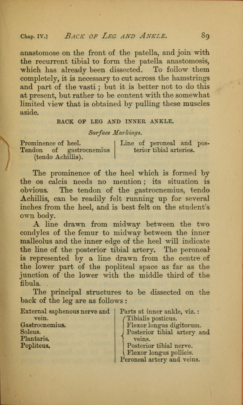 anastomose on the front of the patella, and join with the recurrent tibial to form the patella anastomosis, which has already been dissected. To follow them completely, it is necessary to cut across the hamstrings and part of the vasti ; but it is better not to do this at present, but rather to be content with the somewhat limited view that is obtained by pulling these muscles aside. BACK OF LEG AND INNER ANKLE. Surface Markings. Prominence of heel. Tendon of gastrocnemius (tendo Achillis). Line of peroneal and pos- terior tibial arteries. The prominence of the heel which is formed by the os calcis needs no mention; its situation is obvious. The tendon of the gastrocnemius, tendo Achillis, can be readily felt running up for several inches from the heel, and is best felt on the student's own body. A line drawn from midway between the two condyles of the femur to midway between the inner malleolus and the inner edge of the heel will indicate the line of the posterior tibial artery. The peroneal is represented by a line drawn from the centre of the lower part of the popliteal space as far as the junction of the lower with the middle third of the fibula. The principal structures to be dissected on the back of the leg are as follows : External saphenous nerve and Parts at inner ankle, viz. : vein. /Tibialis posticus. Gastrocnemius. | Flexor longus digitorum. Soleus. J Posterior tibial artery and Plantaris. [ veins. Popliteus. I Posterior tibial nerve. ^ Flexor longus pollicis. Peroneal artery and veins.