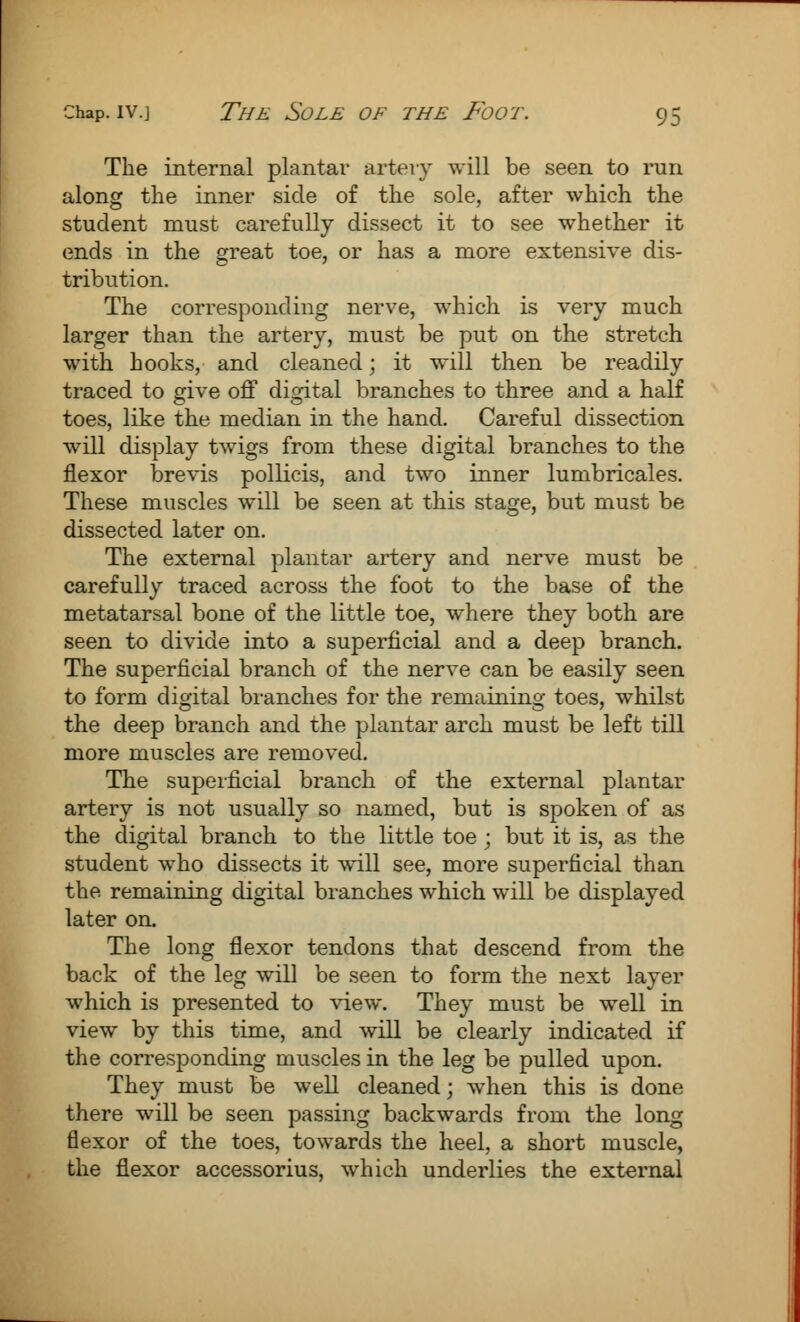 The internal plantar artery will be seen to run along the inner side of the sole, after which the student must carefully dissect it to see whether it ends in the great toe, or has a more extensive dis- tribution. The corresponding nerve, which is very much larger than the artery, must be put on the stretch with hooks, and cleaned; it will then be readily traced to give off digital branches to three and a half toes, like the median in the hand. Careful dissection will display twigs from these digital branches to the flexor brevis pollicis, and two inner lumbricales. These muscles will be seen at this stage, but must be dissected later on. The external plantar artery and nerve must be carefully traced across the foot to the base of the metatarsal bone of the little toe, where they both are seen to divide into a superficial and a deep branch. The superficial branch of the nerve can be easily seen to form digital branches for the remaining toes, whilst the deep branch and the plantar arch must be left till more muscles are removed. The superficial branch of the external plantar artery is not usually so named, but is spoken of as the digital branch to the little toe ; but it is, as the student who dissects it will see, more superficial than the remaining digital branches which will be displayed later on. The long flexor tendons that descend from the back of the leg will be seen to form the next layer which is presented to view. They must be well in view by this time, and will be clearly indicated if the corresponding muscles in the leg be pulled upon. They must be well cleaned; when this is done there will be seen passing backwards from the long flexor of the toes, towards the heel, a short muscle, the flexor accessorius, which underlies the external