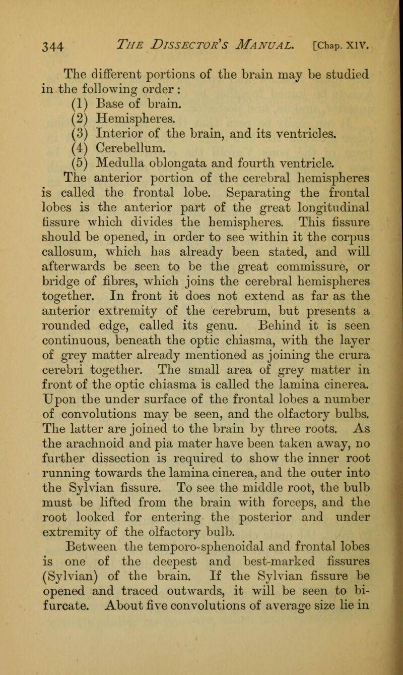 The different portions of the brain may be studied in the following order : (1) Base of brain. (2) Hemispheres. (3) Interior of the brain, and its ventricles. (4) Cerebellum. (5) Medulla oblongata and fourth ventricle. The anterior portion of the cerebral hemispheres is called the frontal lobe. Separating the frontal lobes is the anterior part of the great longitudinal fissure which divides the hemispheres. This fissure should be opened, in order to see within it the corpus callosum, which has already been stated, and will afterwards be seen to be the great commissure, or bridge of fibres, which joins the cerebral hemispheres together. In front it does not extend as far as the anterior extremity of the cerebrum, but presents a rounded edge, called its genu. Behind it is seen continuous, beneath the optic chiasma, with the layer of grey matter already mentioned as joining the crura cerebri together. The small area of grey matter in front of the optic chiasma is called the lamina cinerea. Upon the under surface of the frontal lobes a number of convolutions may be seen, and the olfactory bulbs. The latter are joined to the brain by three roots. As the arachnoid and pia mater have been taken away, no further dissection is required to show the inner root running towards the lamina cinerea, and the outer into the Sylvian fissure. To see the middle root, the bulb must be lifted from the brain with forceps, and the root looked for entering the posterior and under extremity of the olfactory bulb. Between the temporo-sphenoidal and frontal lobes is one of the deepest and best-marked fissures (Sylvian) of the brain. If the Sylvian fissure be opened and traced outwards, it will be seen to bi- furcate. About five convolutions of average size lie in