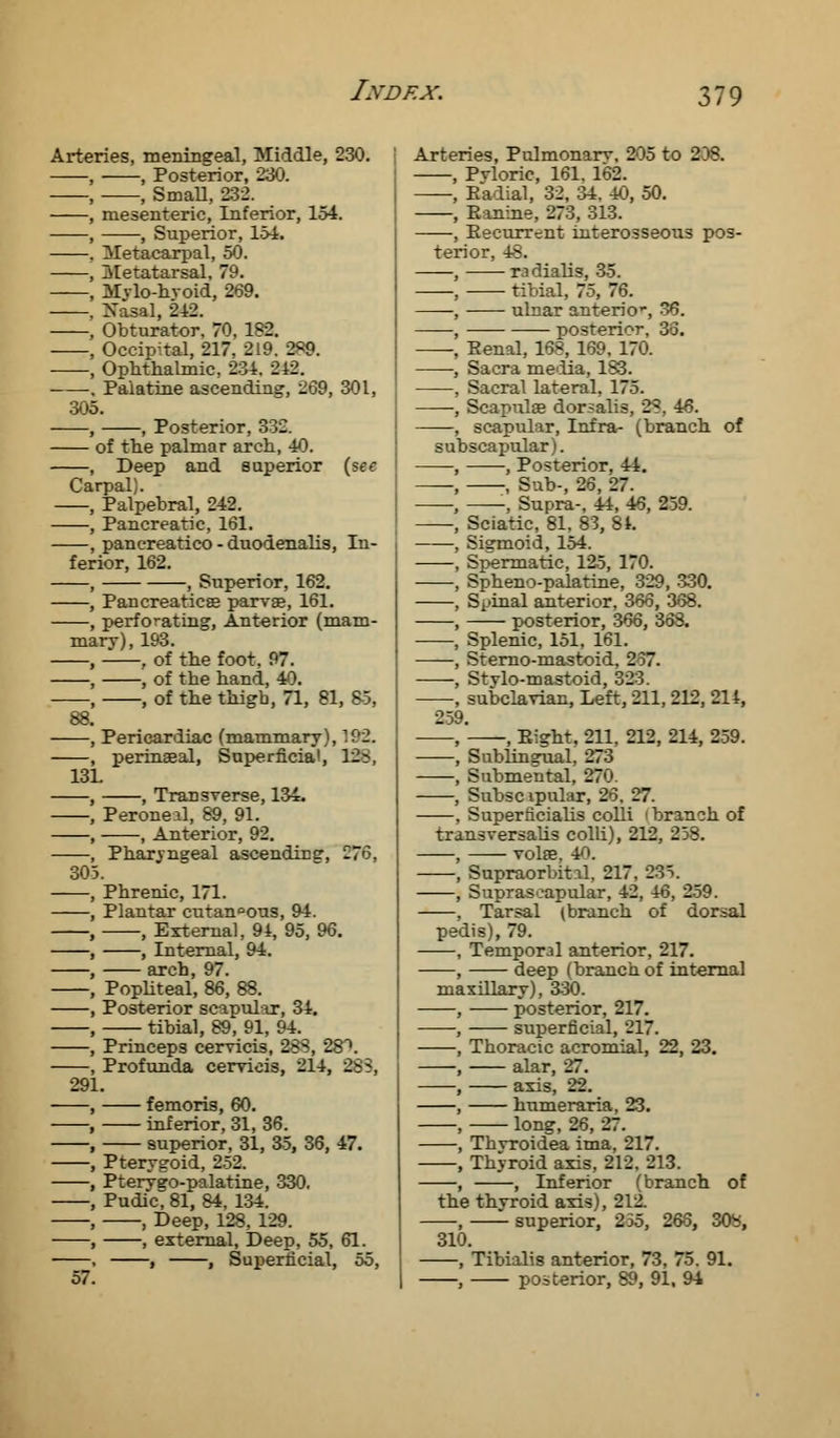 Arteries, meningeal, Middle, 230. , , Posterior, 230. , , Small, 232. , mesenteric, Inferior, 154. , , Superior, 154. , Metacarpal, 50. , Metatarsal, 79. , Mvlo-hvoid, 269. . Nasal, 242. , Obturator. 70, 182. , Occipital, 217, 219. 2*9. , Ophthalmic, 234. 242. . Palatine ascending, 269, 301, 305. , , Posterior, 332. of the palmar arch, 40. , Deep and superior (see Carpal). , Palpebral, 242. , Pancreatic, 161. , pancreatico - duodenalis, In- ferior, 162. , , Superior, 162. , Pancreaticse parvae, 161. , perforating, Anterior (mam- mary), 193. , , of the foot. 97. , , of the hand, 40. , , of the thigb, 71, 81, 85, 88. , Pericardiac (mammary), 192. , perinaeal, Superficial, 12:>, 131. , , Transverse, 134. , Peroneal, 89, 91. , , Anterior, 92. , Pharyngeal ascendine, 276, 305. , Phrenic, 171. , Plantar cutan°ous, 94. , , External, 94, 95, 96. , , Internal, 94. , arch, 97. , Popliteal, 86, 88. , Posterior scapular, 34. , tibial, 89, 91, 94. , Princeps cervicis, 283, 28^. , Profunda cervieis, 214, 285, 291. , femoris, 60. , inferior, 31, 36. , superior, 31, 35, 36, 47. , Pterygoid, 252. , Ptervoro-palatine, 330. , Pudicl81, 84, 134. , , Deep, 128, 129. , , external, Deep, 55, 61. , , , Superficial, 55, 57. Arteries, Pulmonarv, 205 to 2!'S. , Pvloric, 161. 162. , Radial, 32, 34. 40, 50. , Banine, 273, 313. , Recurrent interosseous pos- terior, 48. , radialis, 35. —-, tibial, 75, 76. , ulnar anterio-, 36. , posterior, 33. , Eenal, 168, 169, 170. ——, Sacra media, 183. , Sacral lateral, 175. -, Scapulae dorsalis, 28, 46. , scapular, Infra- (branch of subscapular). -, , Posterior. 44. —, , Sub-, 26, 27. -, , Supra-, 44, 46, 259. , Sciatic, 81, 83, 84. , Sigmoid, 154. , Spermatic, 125, 170. , Sphenopalatine, 329, 330. , Spinal anterior, 366, 368. , posterior, 366, 368, , Splenic, 151, 161. , Sterno-mastoid. 237. , Stvlo-mastoid, 323. , subclavian, Left, 211, 212, 214, 259. , , Eight. 211, 212, 214, 259. , Sublingual, 273 , Submental, 270. , Subsc ipular, 26. 27. , Superficialis colli i branch of transversalis colli), 212, 258. , vols?. 4. , Supraorbital. 217. 235. , Suprascapular, 42, 46, 2.59. , Tarsal (branch of dorsal pedis), 79. , Temporal anterior, 217. , deep (branch of internal maxillary), 330. , posterior, 217. —, superficial, 217. , Thoracic acromial, 22, 23. , alar, 27. , axis, 22. , humeraria, 23. , long, 26, 27. , Thvroidea ima, 217. , Thyroid axis, 212. 213. , , Inferior (branch of the thvroid axis), 212. , superior, 255, 266, 308, 310. , Tibialis anterior, 73, 75. 91. , posterior, 89, 91, 94