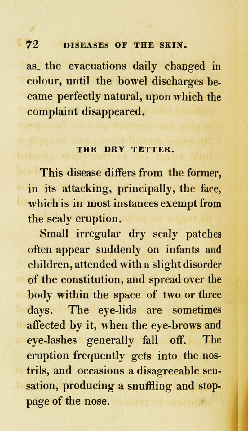 as_ the evacuations daily changed in colour, until the bowel discharges be- came perfectly natural, upon which the complaint disappeared. THE DRY TETTER. This disease differs from the former, in its attacking, principally, the face, which is in most instances exempt from the scaly eruption. Small irregular dry scaly patches often appear suddenly on infants and children, attended with a slight disorder of the constitution, and spread over the body within the space of two or three days. The eye-lids are sometimes affected by it, when the eye-brows and eye-lashes generally fall off. The eruption frequently gets into the nos- trils, and occasions a disagreeable sen- sation, producing a snuffling and stop- page of the nose. Jj