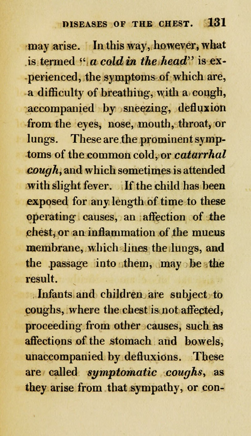 may arise. In this way, however, what is termed «' a coldin the head is ex- perienced, the symptoms of which are, a difficulty of breathing, with a cough, accompanied by sneezing, defluxion from the eyes, nose, mouth, throat, or lungs. These are the prominent symp- toms of the common cold, or catarrhal cough, and which sometimes is attended with slight fever. If the child has been exposed for any length of time to these operating causes, an affection of the chest, or an inflammation of the mucus membrane, which lines the lungs, and the passage into them, may be the result. .Infants and children are subject to coughs, where the chest is not affected, proceeding from other causes, such as affections of the stomach and bowels, unaccompanied by defluxions. These are called symptomatic coughs, as they arise from that sympathy, or con-