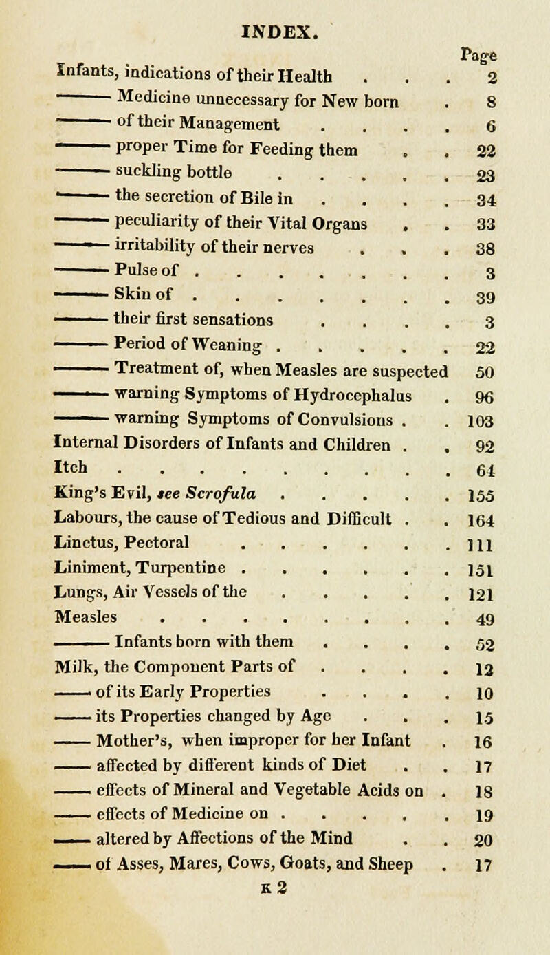 Infants, indications of their Health Medicine unnecessary for New born —— of their Management proper Time for Feeding them ■ suckling bottle • the secretion of Bile in peculiarity of their Vital Organs ' irritability of their nerves Pulse of Skin of their first sensations Period of Weaning . ■ Treatment of, when Measles are suspected 1 warning Symptoms of Hydrocephalus warning Symptoms of Convulsions Internal Disorders of Infants and Children Itch .... King's Evil, tee Scrofula Labours, the cause of Tedious and Linetus, Pectoral Liniment, Turpentine . Lungs, Air Vessels of the Measles .... —— Infants born with them Milk, the Component Parts of —— of its Early Properties its Properties changed by Age Mother's, when improper for her Infant affected by different kinds of Diet effects of Mineral and Vegetable Acids —— effects of Medicine on . — altered by Affections of the Mind —— of Asses, Mares, Cows, Goats, and Sheep k2 Difficult