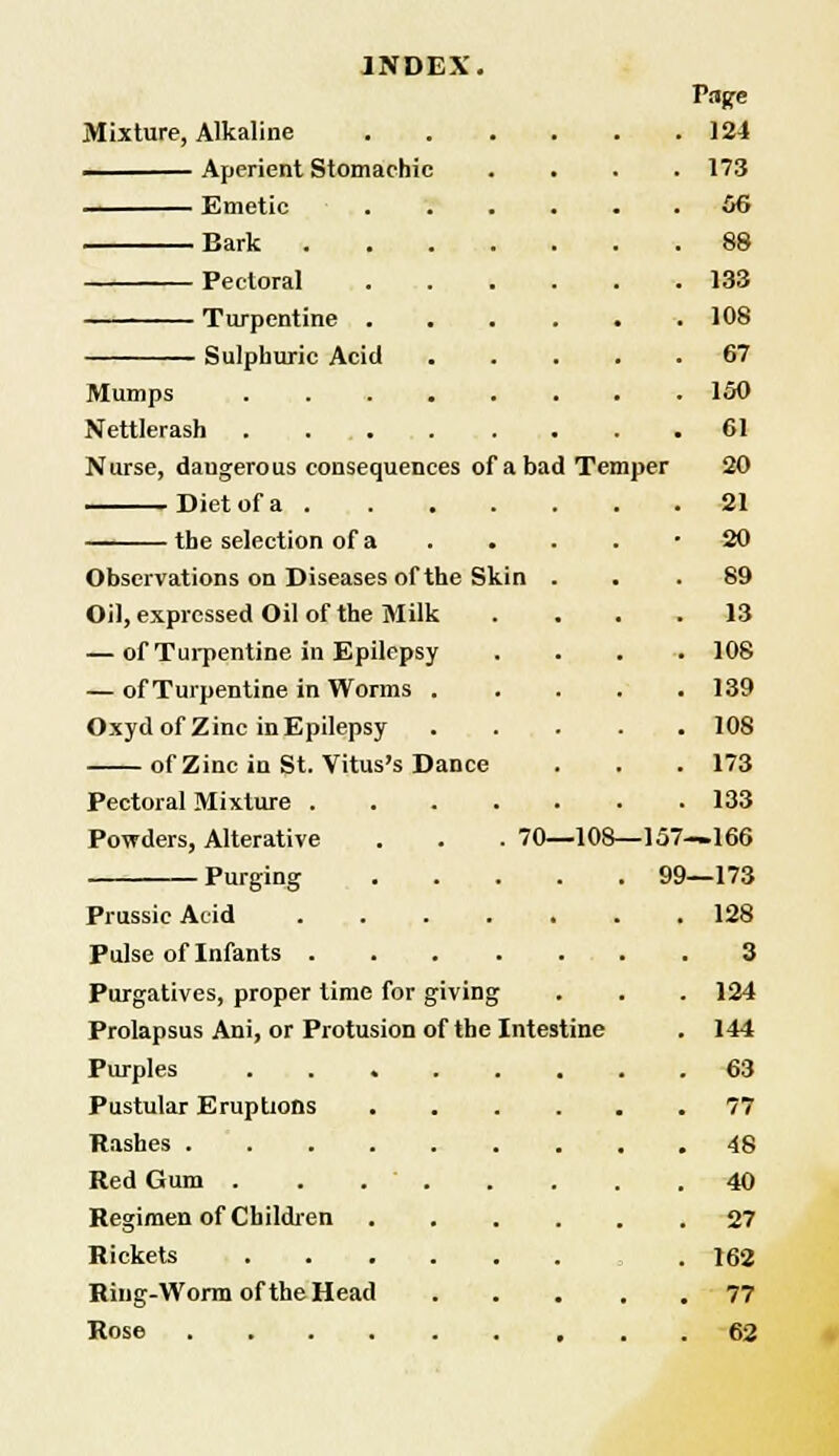 Vage Mixture, Alkaline 124 Aperient Stomachic .... 173 ——— Emetic 56 Bark 88 Pectoral 133 Turpentine 108 Sulphuric Acid ..... 67 Mumps ........ 150 Nettlerash 61 Nurse, dangerous consequences of a bad Temper 20 Diet of a 21 —' the selection of a . . . . -20 Observations on Diseases of the Skin ... 89 Oil, expressed Oil of the Milk .... 13 — of Turpentine in Epilepsy .... 108 — of Turpentine in Worms 139 Oxydof Zinc in Epilepsy 108 of Zinc in St. Vitus's Dance . . .173 Pectoral Mixture 133 Powders, Alterative . . . 70—108—157—166 Purging 99—173 Prussic Acid 128 Pulse of Infants 3 Purgatives, proper lime for giving . . . 124 Prolapsus Ani, or Protusion of the Intestine . 144 Purples 63 Pustular Eruptions ...... 77 Rashes 48 Red Gum . . 40 Regimen of Children 27 Rickets . 162 Ring-Worm of the Head 77 Rose 62