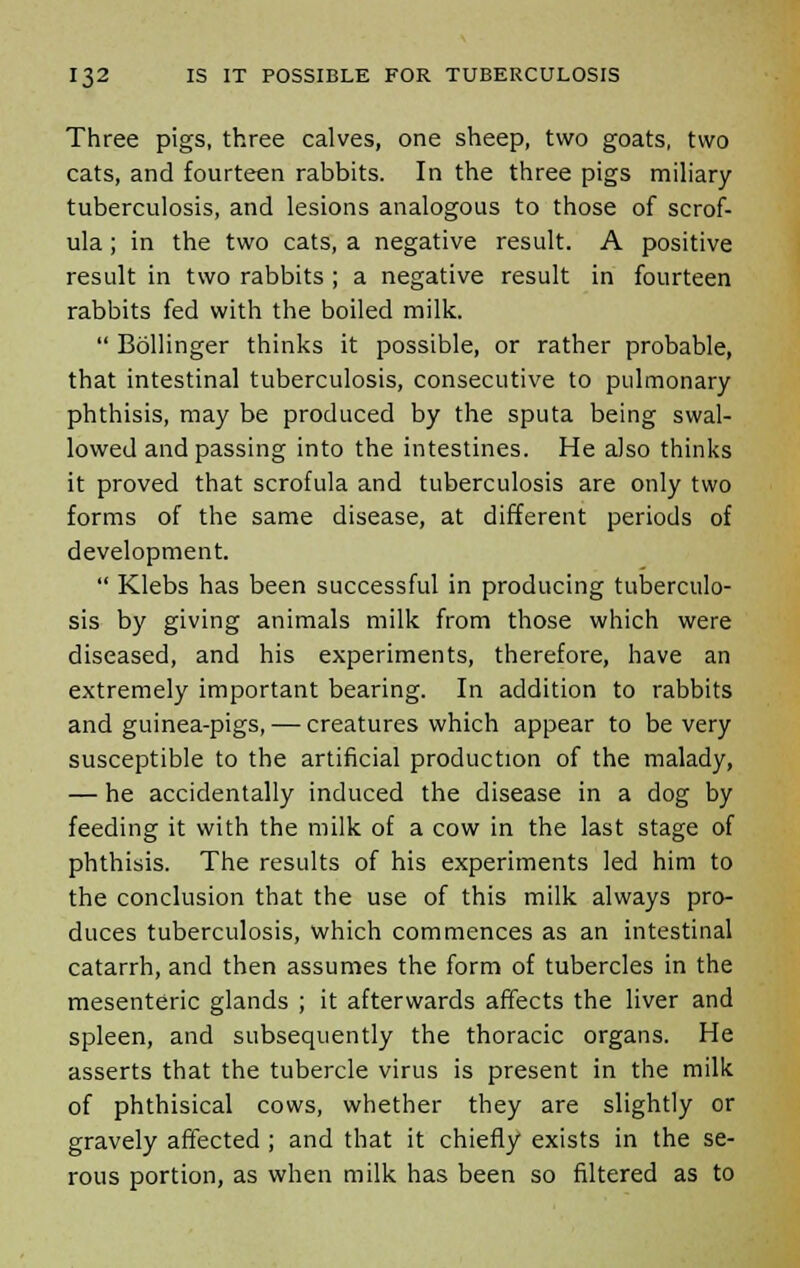 Three pigs, three calves, one sheep, two goats, two cats, and fourteen rabbits. In the three pigs miliary tuberculosis, and lesions analogous to those of scrof- ula ; in the two cats, a negative result. A positive result in two rabbits; a negative result in fourteen rabbits fed with the boiled milk.  Bollinger thinks it possible, or rather probable, that intestinal tuberculosis, consecutive to pulmonary phthisis, may be produced by the sputa being swal- lowed and passing into the intestines. He also thinks it proved that scrofula and tuberculosis are only two forms of the same disease, at different periods of development.  Klebs has been successful in producing tuberculo- sis by giving animals milk from those which were diseased, and his experiments, therefore, have an extremely important bearing. In addition to rabbits and guinea-pigs, — creatures which appear to be very susceptible to the artificial production of the malady, — he accidentally induced the disease in a dog by feeding it with the milk of a cow in the last stage of phthisis. The results of his experiments led him to the conclusion that the use of this milk always pro- duces tuberculosis, which commences as an intestinal catarrh, and then assumes the form of tubercles in the mesenteric glands ; it afterwards affects the liver and spleen, and subsequently the thoracic organs. He asserts that the tubercle virus is present in the milk of phthisical cows, whether they are slightly or gravely affected ; and that it chiefly exists in the se- rous portion, as when milk has been so filtered as to