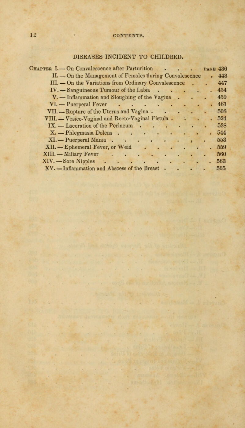 DISEASES INCIDENT TO CHILDBED. Chapter I. — On Convalescence after Parturition . . . page 436 II. — On the Management of Females during Convalescence . 443 III. — On the Variations from Ordinary Convalescence . . 447 IV. — Sanguineous Tumour of the Labia 454 V. — Inflammation and Sloughing of the Vagina . . . 459 VI. — Puerperal Fever 461 VII. — Rupture of the Uterus and Vagina 508 VIII. — Vesico-Vaginal and Recto-Vaginal Fistula .... 524 IX. — Laceration of the Perineum 538 X. — Phlegmasia Dolens 544 XL—Puerperal Mania , . 553 XII. — Ephemeral Fever, or Weid 559 XIII. — Miliary Fever 560 XIV. —Sore Nipples 563 XV.—Inflammation and Abscess of the Breast .... 565