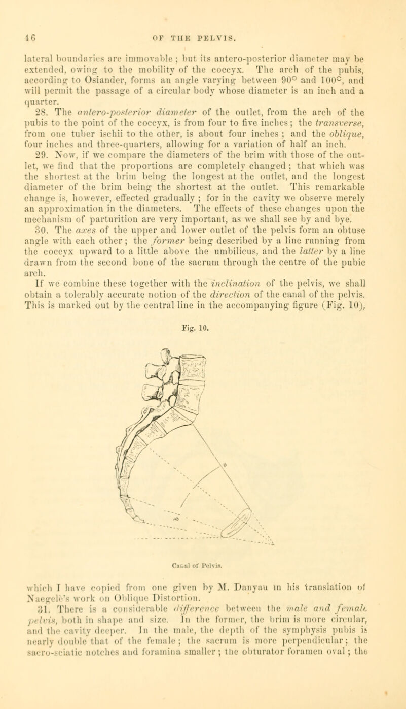 lateral boundaries are immovable; bul its antero-posterior diameter may be extended, owing to the mobility of the coccyx. The arch of the pubis, according to Osiander, forms an angle varying between 90° ami 100°, and will permit the passage of a circular body whose diameter is an inch and a quarter. 28. The antero-posterior diameter of the outlet, from the arch of the pubis to the point of the coccyx, is from four to five inches: the transverse, from one tuber ischii to the other, is about four inches ; and the oblique, four inches and three-quarters, allowing for a variation of half an inch. 29. Now, if we compare the diameters of the brim with those of the out- let, we liud that the proportions are completely changed ; that which was the shortest at the brim being the longest at the outlet, and the longest diameter of the brim being the shortest at the outlet. This remarkable change is, however, effected gradually ; for in the cavity we observe merely an approximation in the diameters. Hie effects of these changes upon the mechanism of parturition are very important, as we shall see by and bye. 30. The axes of the upper and lower outlet of the pelvis form an obtuse angle with each other; the former being described by a line running from the coccyx upward to a little above the umbilicus, and the latter by a line drawn from the second bone of the sacrum through the centre of the pubic arch. If we combine these together with the inclination of the pelvis, we shall obtain a tolerably accurate notion of the direction of the canal of the pelvis. This is marked out by the central line in the accompanying ligure (Fig. 10), Fig. 10. Canal <>\ Pelvis. which I have copied from one given by .M. Danyau in his translation of NTaegele's work on Oblique Distortion. 31, There is b considerable difference between the wale and femail pelvis, both in shape and size. In the former, the brim is more circular, and the cavity deeper. In the mule, the depth of the symphysis pubis is nearly double thai of the female; the sacrum is more perpendicular; the sacro-sciatic notches and foramina smaller; the obturator foramen oval; the