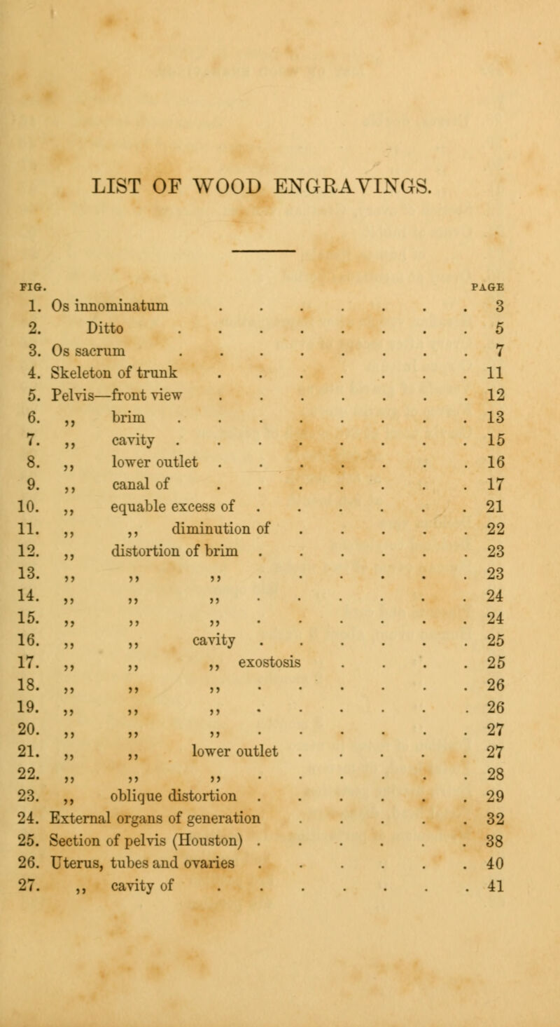 LIST OF WOOD ENGRAVIXGS. FIG. PAGE 1. Os innominatum 3 2. Ditto 5 3. Os sacrum 7 4. Skeleton of trunk 11 5. Pelvis—front view 12 6. ,, brim 13 7. ,, cavity 15 8. ,, lower outlet 16 9. ,, canal of 17 10. ,, equable excess of 21 11. ,, ,, diminution of 22 12. „ distortion of brim 23 13. „ 23 14. ,, > j» 24 15. „ > ?> 24 16. „ , cavity 25 17. „ , ,, exostosis 25 18. „ » 5> 26 19. „ > n . 26 20. ,, > >J 27 21. „ , lower outlet 27 22. „ > )) 28 23. ,, oblique distortion 29 24. External organs of generation 32 25. Section of pelvis (Houston) . 38 26. Uterus, tubes and ovaries 40 27. ,, cai rity of . 41