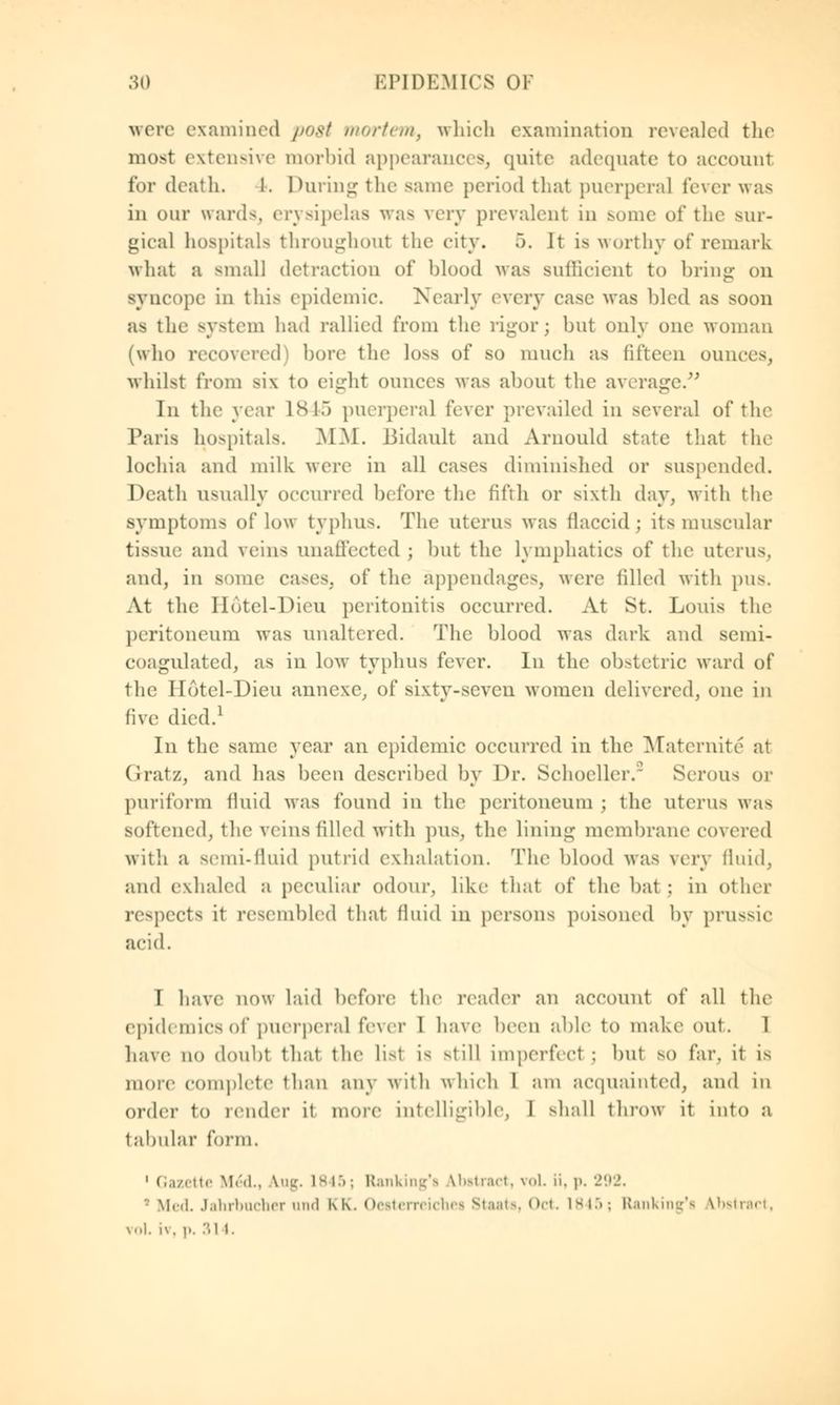 were examined post mortem, which examination revealed the most extensive morbid appearances, quite adequate to account for death. 1. During the same period that puerperal fever was in our wards, erysipelas was very prevalent in some of the sur- gical hospitals throughout the city. 5. It is worthy of remark what a small detraction of blood was sufficient to bring on syncope in this epidemic. Nearly every case was bled as soon as the system had rallied from the rigor; but only one woman (who recovered) bore the loss of so much as fifteen ounces, whilst from si\ to eight ounces was about the average. In the year L845 puerperal lever prevailed in several of the Paris hospitals. MM. Bidault and Arnould state that the lochia and milk were in all cases diminished or suspended. Death usually occurred before the fifth or sixth day, with the symptoms of low typhus. The uterus was flaccid; its muscular tissue and veins unaffected ; but the lymphatics of the uterus, and, in some cases, of the appendages, were filled with pus. At the Hotel-Dieu peritonitis occurred. At St. Louis the peritoneum was unaltered. The blood was dark and semi- coagulated, as in low typhus fever. In the obstetric ward of the Hotel-Dieu annexe, of sixty-seven women delivered, one in five died.1 In the same year an epidemic occurred in the Maternite at Gratz, and has been described by Dr. Schoeller.2 Serous or puriform fluid was found in the peritoneum ; the uterus was softened, the veins filled with pus. the lining membrane covered with a semi-fluid putrid exhalation. The blood was very fluid, and exhaled a peculiar odour, like that of the bat : in other respects it resembled that fluid in persons poisoned by prussic acid. T have now laid before the reader an account of all the epidemics of puerperal fever 1 have been able to make out. 1 have no doubt that the lisl is still imperfect : but so far. it is more complete than any with which I am acquainted, and in order to render it more intelligible, I shall throw it into a tabular form. 1 Gazette Me*cL, toig. L845; Ranking'a Abstract, voL ii. i>. 292. Mr.I. Jahrbuchei and KK. Oesterreichea Staats, on. 1845; Ranking'a Abstract,