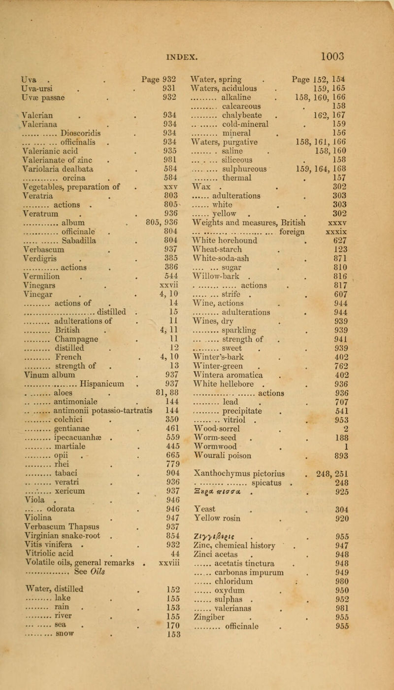 Uva . Page 932 Water, spring Page 152, 154 Uva-ursi 931 Waters, acidulous 159, 165 Uvae passae 932 alkaline calcareous 158, 160, 166 158 Valerian 934 chalybeate 162, 167 Valeriana 934 cold-mineral 159 934 934 158, 161 1/56 officinalis Waters, purgative 166 Valerianic acid 935 saline 158 ,160 Valerianate of zinc 981 siliceous 158 Variolaria dealbata 584 sulphureous 159, 164 168 orcina 584 XXV thermal Wax . 157 Vegetables, preparation of 302 Veratria 803 adulterations 303 actions . 805- white 303 Veratrum 936 yellow 302 album 805, 936 Weights and measures, British XXXV officinale 804 foreign XXXIX Sabadilla 804 White horehound 627 Verbascum 937 Wheat-starch 123 Verdigris 385 White-soda-ash 871 386 sugar 810 Vermilion 544 Willow-bark . 816 Vinegars xxvn actions 817 Vinegar 4, 10 strife . 607 actions of 14 15 Wine, actions adulterations 944 , distilled . 944 adulterations of 11 4,11 Wines, dry sparkling 939 British 939 Champagne 11 strength of 941 distilled 12 sweet 939 4, 10 Winter's-bark 402 strength of 13 Winter-green 762 Vinum album 937 Wintera aromatica 402 Hispanicum 937 White hellebore . 936 aloes 81,88 actions 936 antimoniale 144 lead 707 precipitate 541 colchici 350 vitriol . 953 gentianae 461 Wood- sorrel 2 ipecacuanhas . 559 Worm-seed 188 martiale 445 Wormwood 1 opn 665 Wourali poison 893 rhei 779 tabaci 904 Xanthochymus pictorius 248 ,251 veratri 936 spicatus . 248 •, xericum 937 Saga. trHnra. . 925 Viola . 946 odorata 946 Yeast 304 Violina 947 Yellow rosin 920 Verbascum Thapsus 937 Virginian snake-root . 854 Ziyyt^ie 955 Vitis vinifera . 932 Zinc, chemical history 947 Vitriolic acid 44 Zinci acetas 948 Volatile oils, general remarks xxvm acetatis tinctura 948 , See Oils carbonas impurum chloridum 949 980 Water, distilled 152 oxydum 950 lake 155 sulphas . 952 rain 153 valerianas 981 river 155 170 Zingiber officinale 955 955 sea snow 153