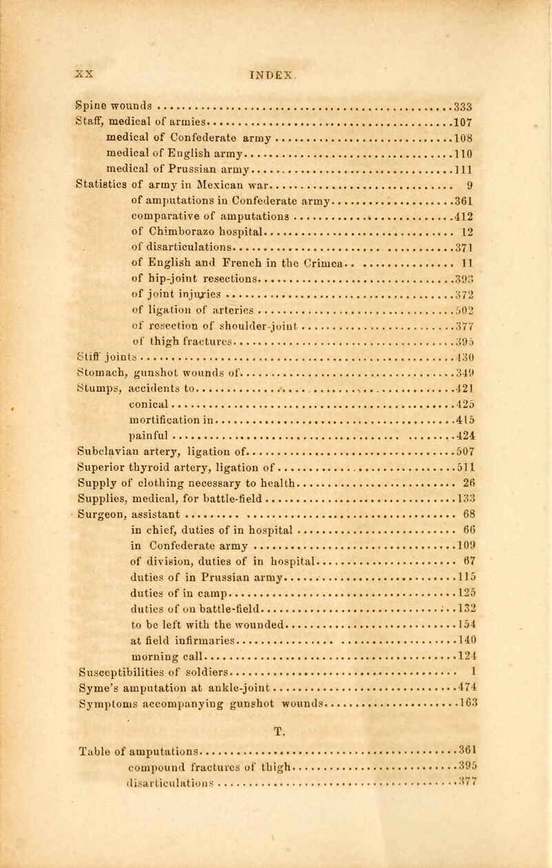 Spine wounds 333 Staff, medical of armies 107 medical of Confederate army 108 medical of English army 110 medical of Prussian army Ill Statistics of army in Mexican war 9 of amputations in Confederate army 361 comparative of amputations 412 of Chiniborazo hospital 12 of disarticulations 371 of English and French in the Crimea II of hip-joint resections 393 of joint injiyies 372 of ligation of arteries 502 of resection of shoulder-joint 377 of thigh fractures 10 i Stiff joints 430 Stomach, gunshot wounds of 349 Stumps, accidents to , 421 conical 125 mortification in 415 painful 424 Subclavian artery, ligation of 507 Superior thyroid artery, ligation of 511 Supply of clothing necessary to health 26 Supplies, medical, for battle-field 133 Surgeon, assistant 68 in chief, duties of in hospital 6(i in Confederate army 109 of division, duties of in hospital 67 duties of in Prussian army 115 duties of in camp 125 duties of on battle-field .132 to be left with the wounded 154 at field infirmaries 140 morning call 121 Susceptibilities of soldiers 1 Symo's amputation at ankle-joint 474 Symptoms accompanying gunshot wounds 163 T. Table of amputations 361 compound fractures of thigh 395 disarticulations •'