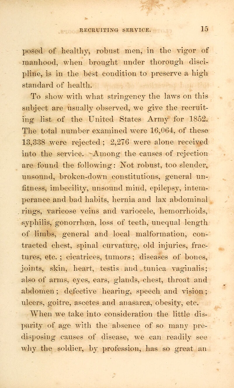 posed of healthy, robust men, in the vigor of manhood, when brought under thorough disci- pline, is in the best condition to preserve a high standard of health. To show with what stringency the laws on this subject are usually observed, we give the recruit- ing list of the United States Army for 1852. The total number examined were 16,064, of these 13,338 were rejected ; 2,276 were alone received into the service. -Among the causes of rejection are found the following: ISTot robust, too slender, unsound, broken-down constitutions, general un- fitness, imbecility, unsound mind, epilepsy, intem- perance and bad habits, hernia and lax abdominal rings, varicose veins and variocele, hemorrhoids, syphilis, gonorrhoea, loss of teeth, unequal length of limbs, general and local malformation, con- tracted chest, spinal curvature, old injuries, frac- tures, etc. ; cicatrices, tumors; diseases of bones, joints, skin, heart, testis and tunica vaginalis; also of arms, eyes, ears, glands, chest, throat and abdomen; defective hearing, speech and vision; ulcers, goitre, ascetes and anasarca, obesity, etc. When we take into consideration the little dis- parity of age with the absence of so many pre- disposing causes of disease, Ave can readily see why the soldier, by profession, has so great an