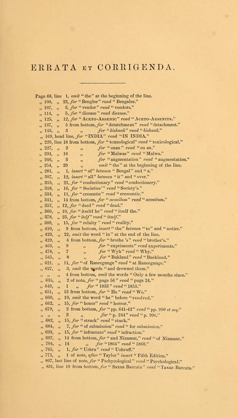 ERRATA et CORRIGENDA. Page 68, line 1, omit  the at the beginning of the line. „ 100, „ 23, for  Benglee  read  Bengalee. ,,107, „ 3, for vendor read vendors. „ 114, „ 5, for  dicease  read disease. „ 125, „ 12, for  Aceto-Arsenic  read  Aceto-Arsenitk. „ 137, „ 5 from bottom, for  detatchment read  detachment. „ 143, „ 3 „ for kishnak read  bishnak. „ 169, head line, for INDIA read IN INDIA. „ 220, line 18 from bottom, for  toxnological read  toxicological. „ 227, „ 2 ,, for onan read on an. „ 234, „ 16 „ for Malwas read Malwa. „ 246, „ 3 „ for augmentation read augmentation. „ 254, „ 20 „ omit the at the beginning of the line. „ 281, „ 1, insert  of between  Bengal and  a. „ 307, „ 12, insert  all between it and over. ,,315, ,, 21, for confectionary read confectionery. ,,318, „ 16, for  Societies' read Society's. „ 334, „ 11, for cresentic read  crescentic. „ 341, „ 14 from bottom, for  aconilum read  aconitum ,,357, „ 12, for daed read dead. „ 360, „ 10, for  itseltf he read  itself the. „ 378, „ 23, for  itelf read  itself'. „ 380, „ 15, for  relaity  read  reality. „ 410, ,, 9 from bottom, insert  the between to and notice. ,, 423, ,, 22, omit the word  in at the end of the line. „ 429, „ 4 from bottom, for  brothe 's read  brother's. ,,463, „ 9 „ for expriments read experiments. ,,478, „ 7 „ for Wyhread Why. „ 545, „ 8 „ for Bukland read Buckland. „ 621, „ 11, for  of Raneegunge read  at Raneegunge. „ 627, ,, 3, omit the ^prds  and drowned them. „ „ „ 4 from bottom, omit the words  Only a few months since, „ 635, „ 2 of note, for  page 56  read  page 24. „ 649, „ 1 „ for  1833  read  1853. „ 651, „ 13 from bottom, for  He  read  We. „ 660, „ 10, omit the word he before resolved. ,, 662, ,, 15, for honor read  horror. „ 679, „ 2 from bottom, for  pp. 641-42 read  pp. 990 et seq. „ „ „ 3 „ for p. 244 read p. 996. „ 682, „ 15, for  struck read  stuck. „ 684, „ 7, for  of submission read  for submission. „ 693, „ 15, for  infracture read  infraction. „ 697, „ 14 from bottom,/or  and Nizamut, read of Nizamut. ,,704, „ 14 „ for 1864 read 1868. „ 765, „ 1, for  Ushru read  Ushruff. „ 771, „ 1 of note, after  Taylor insert  Fifth Edition. „ 807, last line of note, for Pschycological read Psychological. „ 831, line 10 from bottom, for  Saxus Baccata read  Taxus BaccataJ