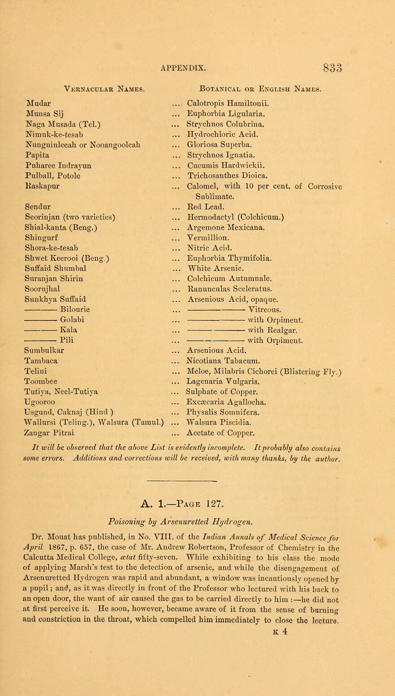 Vernacular Names. Mudar Munsa Sij Naga Musada (Tel.) Nimuk-ke-tesab Nunguinleeah or Nooangoolcah Papita Puharee Indrayun Pulball, Potole Raskapur Sendur Seorinjan (two varieties) Shial-kanta (Beng.) Skingurf Skora-ke-tesab Skwet Keerooi (Beng.) Suffaid Shumbal Suranjan Sbirin Soorujkal Sunkkya Suffaid Bilourie ■ Golabi Kala Pili Sumbulkar Tambaca Telini Toombee Tutiya, Neel-Tutiya Ugooroo Usgutid, Caknaj (Hind ) Wallursi (Teling.), Walsura (Tamul.) Zangar Pitrai It will be observed that the above List is e some errors. Additions and corrections will Botanical or English Namls. Calotropis Hamiltonii. Euphorbia Ligularia. Strycknos Colubrina. Hydrocbloric Acid. Gloriosa Superba. , Strycknos Ignatia. . Cucumis Hardwickii. . Trickosantkes Dioica. Calomel, witk 10 per cent, of Corrosive Sublimate. . Red Lead. Hermodactyl (Colckicum.) Argemone Mexicana. Vermillion. , Nitric Acid. Euphorbia Tkymifolia. . Wkite Arsenic. Colckicum Autumnale. , Ranunculas Sceleratus. . Arsenious Acid, opaque. Vitreous. with Orpiment. witk Realgar. witk Orpiment. Arsenious Acid. Nicotiana Tabacum. Meloe, Milabris Cickorei (Blistering Fly.) Lagenaria Vulgaris. Sulpkate of Copper. Excascaria Agallocka. Pkysalis Somnifera. Walsura Piscidia. Acetate of Copper. vidently incomplete. It probably also contains be received, with many thanks, by the author. A. 1.—Page 127. Poisoning by Arsenuretted Hydrogen. Dr. Mouat kas publisbed, in No. VIII. of tke Indian Annals of Medical Science for April 1867, p. 657, tke case of Mr. Andrew Robertson, Professor of Chemistry in the Calcutta Medical College, cetat fifty-seven. While exhibiting to his class the mode of applying Marsh's test to the detection of arsenic, and while the disengagement of Arsenuretted Hydrogen was rapid and abundant, a window was incautiously opened by a pupil; and, as it was directly in front of the Professor who lectured with his back to an open door, tke want of air caused tke gas to be carried directly to kim : —ke did not at first perceive it. He soon, however, became aware of it from the sense of burning and constriction in the throat, which compelled him immediately to close the lecture. k4