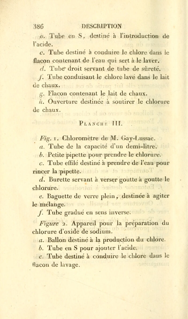 o. Tube en Sr destiné à l'introduction de l'acide. c. Tube destiné à conduire le chlore dans le flacon contenant de leau qui sert à le laver. d. Tube droit servant de tube de sûreté. j. Tube conduisant le chlore lavé dans le lait de chaux. g. Flacon contenant le lait de chaux. h. Ouverture destinée à soutirer le chlorure de chaux. Planciik III. Fig. i. Chloromètre de M. Gay-Lussac. a. Tube de la capacité d'un demi-litre. b. Petite pipette pour prendre le chlorure. c. Tube effilé destiné à prendre de l'eau pour rincer la pipette. d. Burette servant à verser goutte à goutte le chlorure. e. Baguette de verre plein, destinée à agiter le mélange. f. Tube gradué en sens inverse. Figure 2. Appareil pour la préparation du chlorure d'oxide de sodium. a. Ballon destiné à la production du chlore. b. Tube en S pour ajouter l'acide. c. Tube destiné à conduire le chlore dans le flacon de lavage.