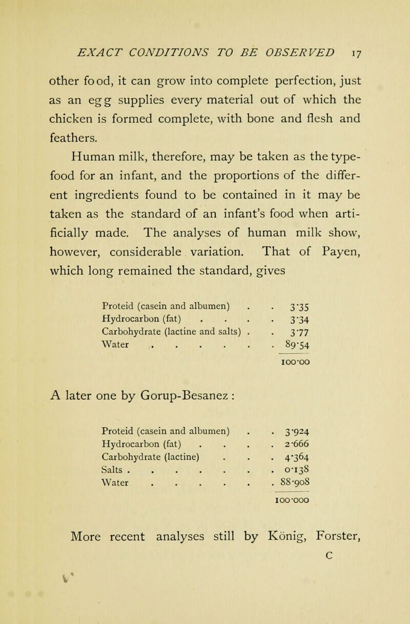 other food, it can grow into complete perfection, just as an egg supplies every material out of which the chicken is formed complete, with bone and flesh and feathers. Human milk, therefore, may be taken as the type- food for an infant, and the proportions of the differ- ent ingredients found to be contained in it may be taken as the standard of an infant's food when arti- ficially made. The analyses of human milk show, however, considerable variation. That of Payen, which long remained the standard, gives Proteid (casein and albumen) • 3-35 Hydrocarbon (fat) • 3-34 Carbohydrate (lactine and salts) . • 377 Water ■ 89-54 loo-oo A later one by Gorup-Besanez : Proteid (casein and albumen) ■ 3-924 Hydrocarbon (fat) . 2-666 Carbohydrate (lactine) • 4-364 Salts . 0-138 Water .... . 88-908 100-GOO More recent analyses still by Konig, Forster, C V