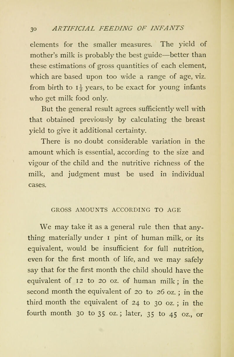 elements for the smaller measures. The yield of mother's milk is probabl}- the best guide—better than these estimations of gross quantities of each element, which are based upon too wide a range of age, viz. from birth to i|^ years, to be exact for young infants who get milk food only. But the general result agrees sufficiently well with that obtained previously by calculating the breast yield to give it additional certainty. There is no doubt considerable variation in the amount which is essential, according to the size and vigour of the child and the nutritive richness of the milk, and judgment must be used in individual cases. GROSS AMOUNTS ACCORDING TO AGE We may take it as a general rule then that any- thing materially under i pint of human milk, or its equivalent, would be insufficient for full nutrition, even for the first month of life, and we may safely say that for the first month the child should have the equivalent of 12 to 20 oz. of human milk; in the second month the equivalent of 20 to 26 oz. ; in the third month the equivalent of 24 to 30 oz. ; in the fourth month 30 to 35 oz.; later, 35 to 45 oz., or