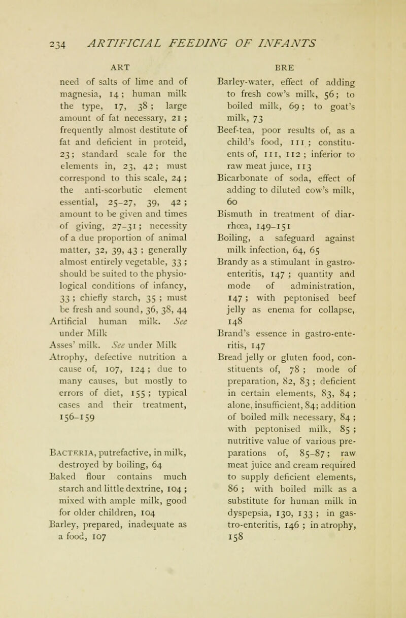 ART need of salts of lime and of magnesia, 14; human milk the t)-pe, 17, 3S ; large amount of fat necessary, 21 ; frequently almost destitute of fat and deficient in proteid, 23; standard scale for the elements in, 23, 42; must correspond to this scale, 24 ; the anti-scorbutic element essential, 25-27, 39, 42; amount to be given and times of giving, 27-31; necessity of a due proportion of animal matter, 32, 39, 43 ; generally almost entirely vegetable, '^t, ; should be suited to the physio- logical conditions of infancy, 33 ; chiefly starch, 35 ; must be fresh and sound, 36, 3S, 44 Artificial human milk. See under Milk Asses' milk. See under Milk Atrophy, defective nutrition a cause of, 107, 124; due to many causes, but mostly to errors of diet, 155 ; typical cases and their treatment, 156-159 BACTf.RiA, putrefactive, in milk, destroyed by boiling, 64 Baked flour contains much starch and little dextrine, 104 ; mixed with ample milk, good for older children, 104 Barley, prepared, inadequate as a food, 107 ERE Barley-water, effijct of adding to fresh cow's milk, 56; to boiled milk, 69; to goat's milk, 73 Beef-tea, poor results of, as a child's food, III; constitu- ents of, III, 112; inferior to raw meat juice, 113 Bicarbonate of soda, eff'ect of adding to diluted cow's milk, 60 Bismuth in treatment of diar- rhoea, 149-151 Boiling, a safeguard against milk infection, 64, 65 Brandy as a stimulant in gastro- enteritis, 147 ; quantity and mode of administration, 147 ; with peptonised beef jelly as enema for collapse, 148 Brand's essence in gastro-ente- ritis, 147 Bread jelly or gluten food, con- stituents of, 78 ; mode of preparation, 82, 83 ; deficient in certain elements, 83, 84 ; alone, insufficient, 84; addition of boiled milk necessary, 84 ; with peptonised milk, 85 ; nutritive value of various pre- parations of, 85-87; raw meat juice and cream required to supply deficient elements, 86 ; with boiled milk as a substitute for human milk in dyspepsia, 130, 133 ; in gas- tro-enteritis, 146 ; in atrophy, 158