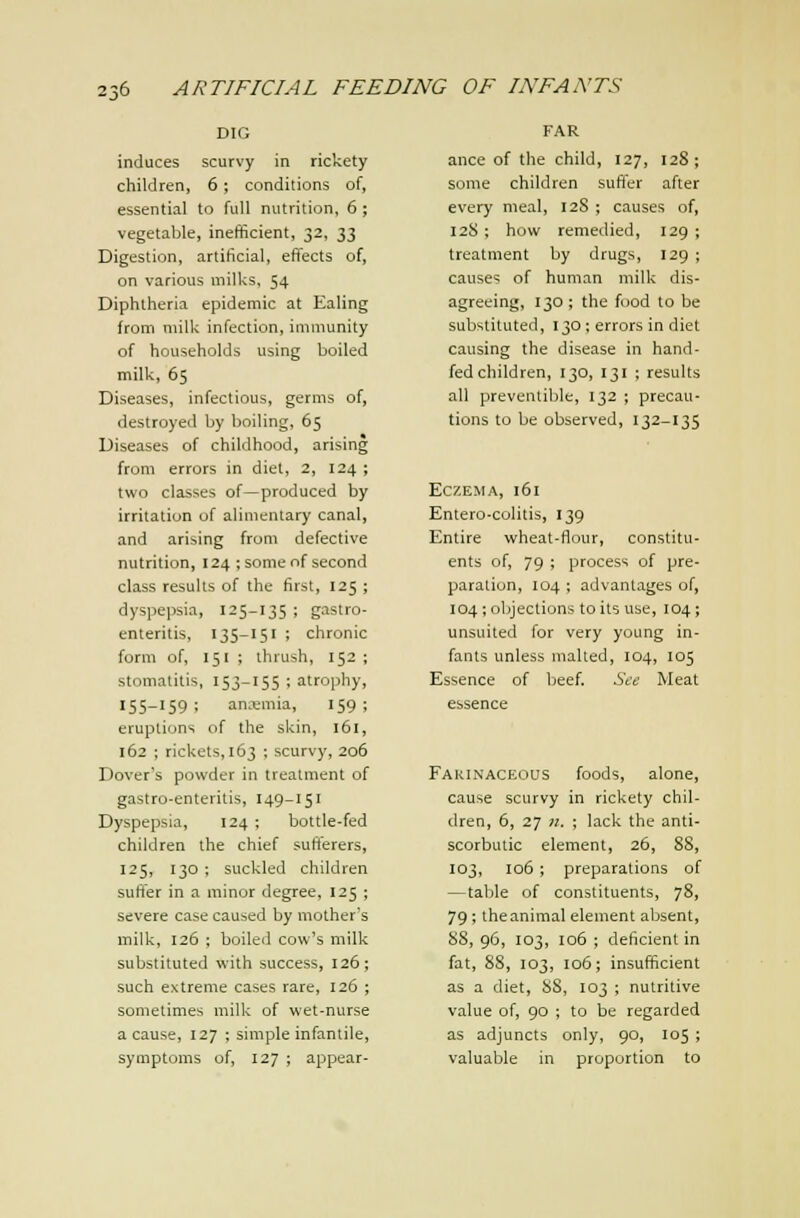 DIG induces scurvy in rickety children, 6; conditions of, essential to full nutrition, 6 ; vegetable, inefficient, 32, 33 Digestion, artificial, effects of, on various milks, 54 Diphtheria epidemic at Ealing from milk infection, immunity of households using boiled milk, 65 Diseases, infectious, germs of, destroyed by boiling, 65 Diseases of childhood, arising from errors in diet, 2, 124 ; two classes of—produced by irritation of alimentary canal, and arising from defective nutrition, 124 ; some of second class results of the first, 125 ; dyspepsia, 125-135 ; gastro- enteritis, 135-151 ; chronic form of, 151 ; thrush, 152 ; stomatitis, 153-155 ; atrophy, 'S5-'59; ani'emia, 159; eruptions of the skin, 161, 162 ; rickets, 163 ; scurvy, 206 Dover's powder in treatment of gastro-enteritis, 149-151 Dyspepsia, 124 : bottle-fed children the chief sufferers, 125, 130 ; suckled children suffer in a minor degree, 125 ; severe case caused by mother's milk, 126 ; boiled cow's milk substituted with success, 126; such extreme cases rare, 126 ; sometimes milk of wet-nurse a cause, 127 ; simple infantile, syuiptoms of, 127 ; appear- FAR ance of the child, 127, 128; some children suffer after every meal, 128 ; causes of, 128; how remedied, 129; treatment by drugs, 129 ; causes of human milk dis- agreeing, 130 ; the food to be substituted, 130; errors in diet causing the disease in hand- fed children, 130, 131 ; results all prevenlible, 132 ; precau- tions to be observed, 132-135 Eczema, 161 Entero-colitis, 139 Entire wheat-flour, constitu- ents of, 79 ; process of pre- paration, 104 ; advantages of, 104; objections to its use, 104; unsuited for very young in- fants unless malted, 104, 105 Essence of beef. See Meat essence Farinaceous foods, alone, cause scurvy in rickety chil- dren, 6, 27 n. ; lack the anti- scorbutic element, 26, 88, 103, 106; preparations of —table of constituents, 78, 79; the animal element absent, 88, 96, 103, 106 ; deficient in fat, 88, 103, 106; insufficient as a diet, 88, 103 ; nutritive value of, 90 ; to be regarded as adjuncts only, 90, 105 ; valuable in proportion to