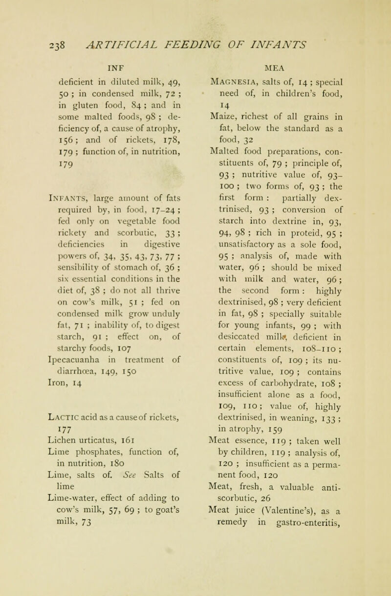 INF deficient in diluted mill;, 49, 50 ; in condensed milk, 72 ; in j;luten food, S4; and in some malted foods, gS ; de- ficiency of, a cause of atrophy, 156; and of rickets, 178, 179 ; function of, in nutrition, 179 Infants, large amount of fats required by, in food, 17-24; fed only on vegetable food rickety and scorbutic, 33; deficiencies in digestive powers of, 34, 35, 43, 73, 77 ; sensibility of stomach of, 36 ; six essential conditions in the diet of, 38 ; do not all thrive on cow's milk, 51 ; fed on condensed milk grow unduly fat, 71 ; inability of, to digest starch, 91 ; effect on, of starchy foods, 107 Ipecacuanha in treatment of diarrhcea, 149, 150 Iron, 14 Lactic acid as a cause of rickets, 177 Lichen urticatus, 161 Lime phosphates, function of, in nutrition, 180 Lime, salts of. Sa Salts of lime Lime-water, effect of adding to cow's milk, 57, 69 ; to goat's milk, 73 MEA Magnesia, salts of, 14 ; special need of, in children's food, 14 Maize, richest of all grains in fat, below the standard as a food, 32 Malted food preparations, con- stituents of, 79 ; principle of, 93 ; nutritive value of, 93- 100 ; two forms of, 93 ; the first form : partially dex- trinised, 93 ; conversion of starch into dextrine in, 93, 94, 98 ; rich in proteid, 95 ; unsatisfactory as a sole food, 95 ; analysis of, made with water, 96 ; should be mixed with milk and water, 96; the second form: highly dextrinised, 98 ; very deficient in fat, 98 ; specially suitable for young infants, 99 ; with desiccated milk» deficient in certain elements, 108-110; constituents of, 109 ; its nu- tritive value, 109 ; contains excess of carbohydrate, 108 ; insufficient alone as a food, 109, 110; value of, highly dextrinised, in weaning, 133 ; in atrophy, 159 Meat essence, 119; taken well by children, 119; analysis of, 120 ; insuflicient as a perma- nent food, 120 Meat, fresh, a valuable anti- scorbutic, 26 Meat juice (Valentine's), as a remedy in gastro-enteritis,